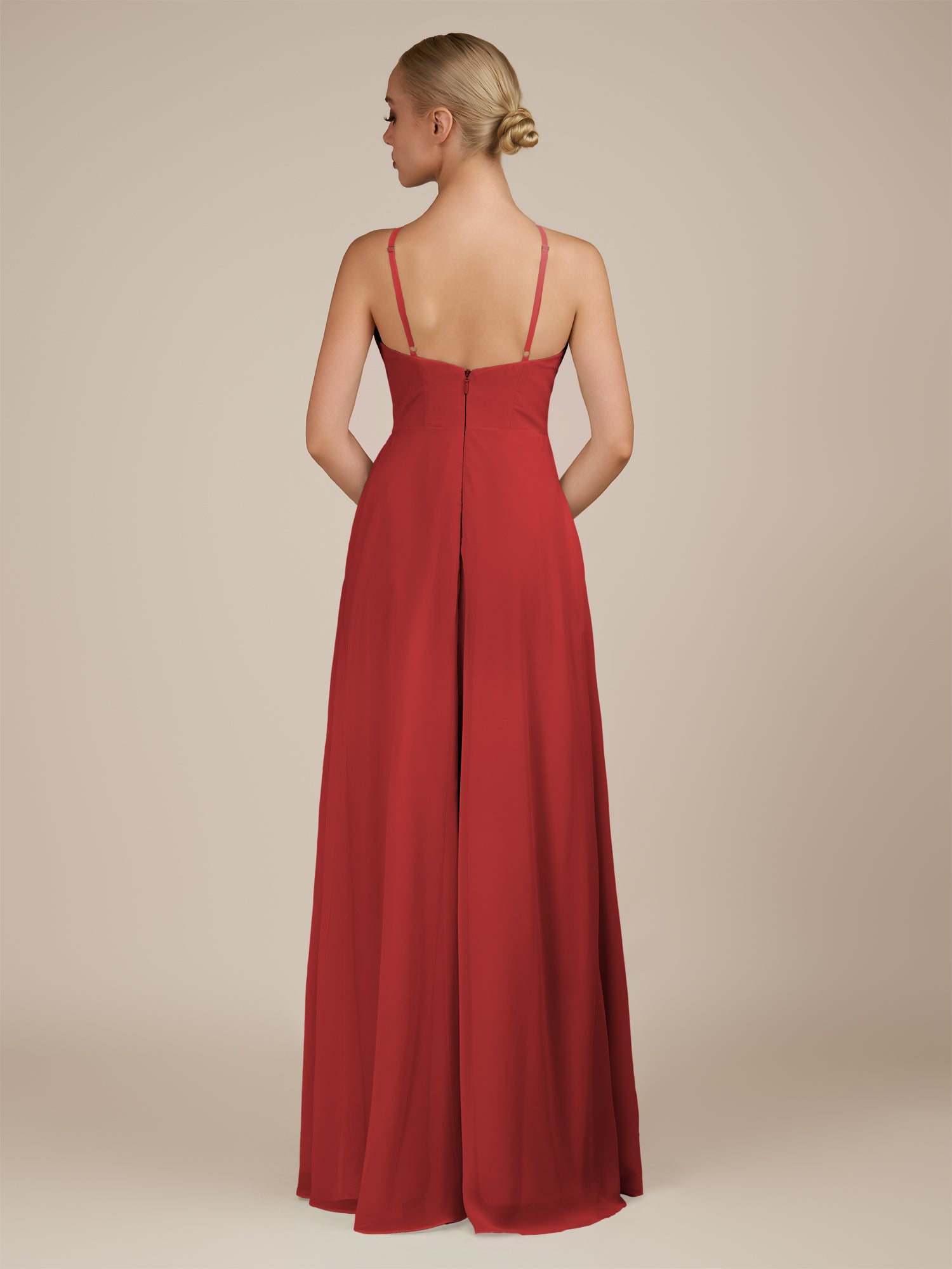 KissDress-Ione Ruby Red A Line Chiffon Halter Neck Long Bridesmaid Dress with Slit