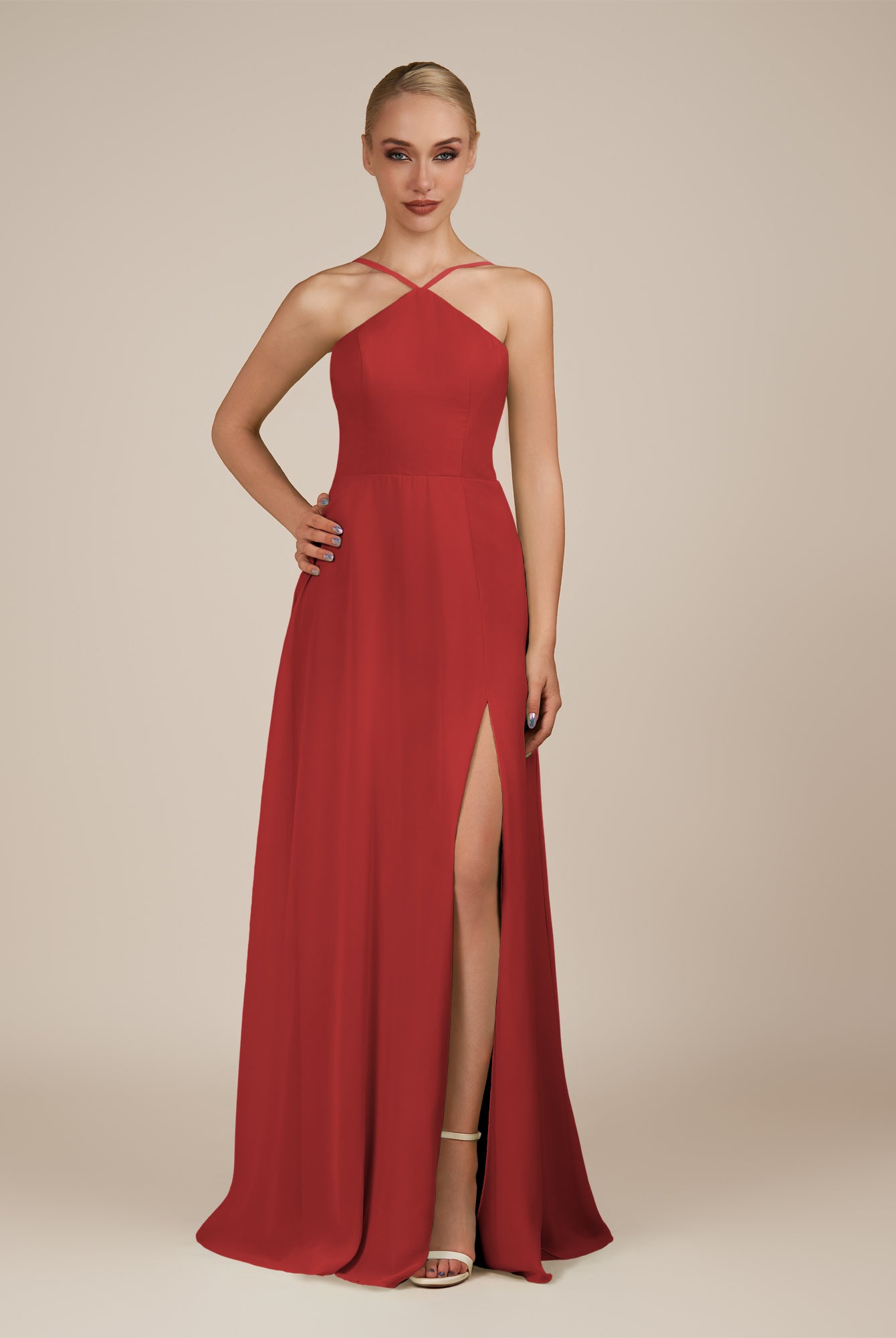 KissDress-Ione Ruby Red A Line Chiffon Halter Neck Long Bridesmaid Dress with Slit