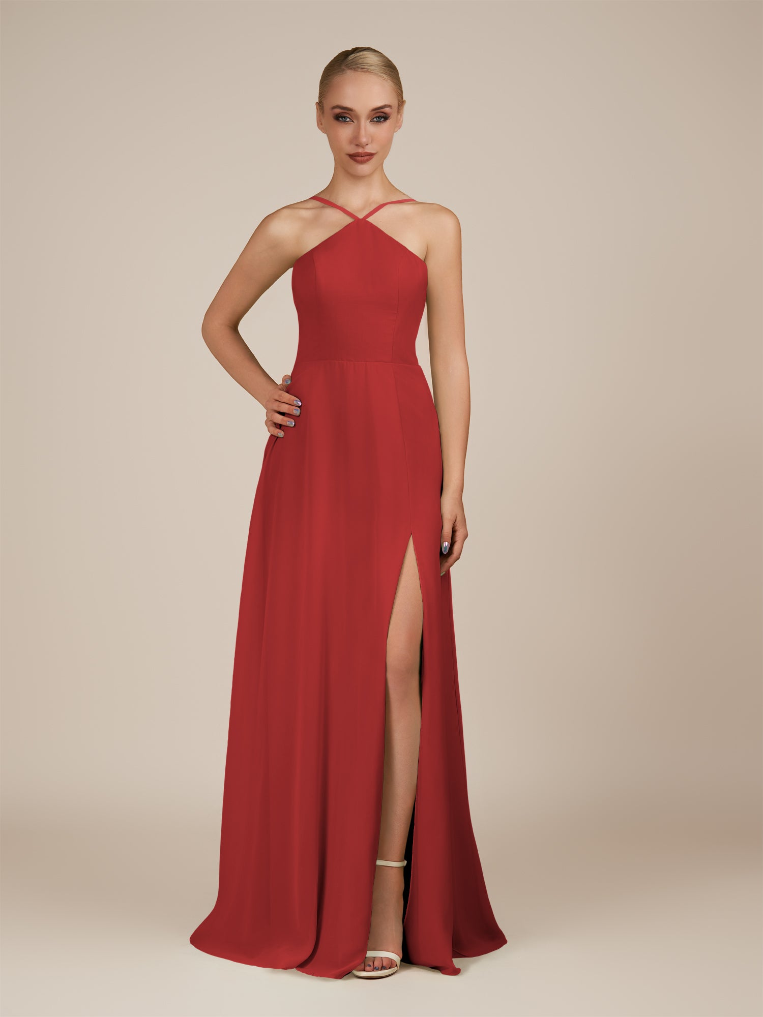 KissDress-Ione Ruby Red A Line Chiffon Halter Neck Long Bridesmaid Dress with Slit