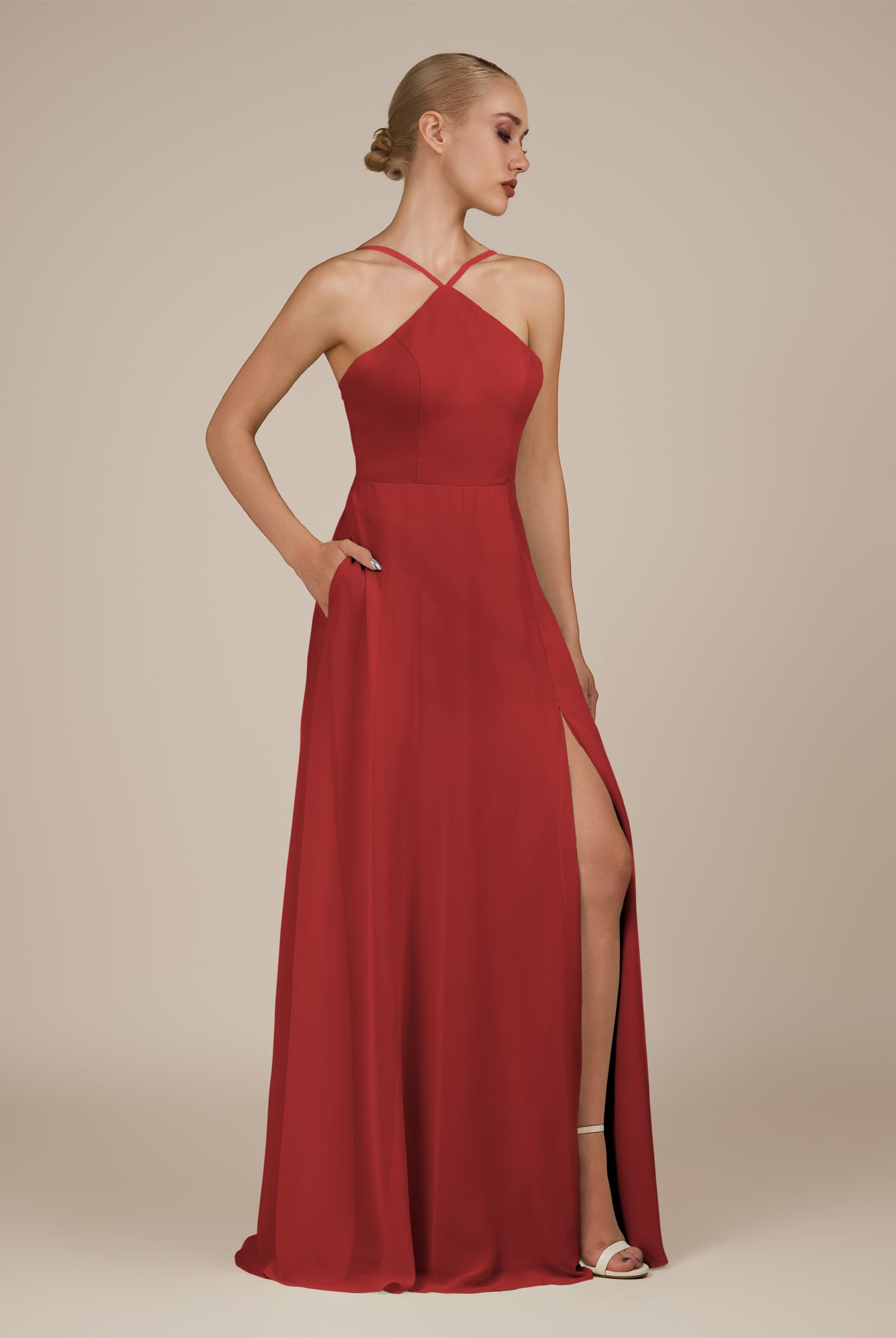 KissDress-Ione Ruby Red A Line Chiffon Halter Neck Long Bridesmaid Dress with Slit