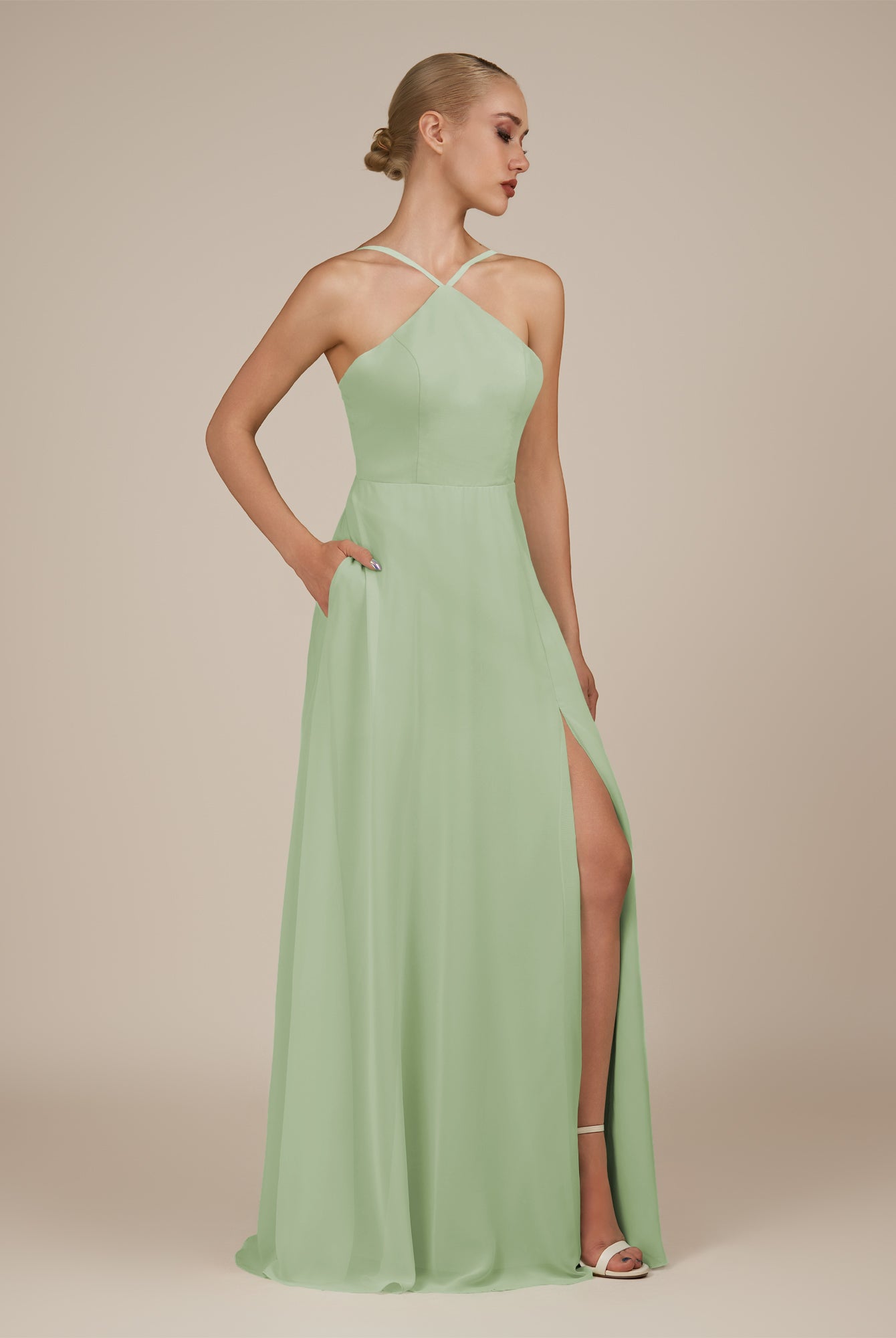 KissDress-Ione Sage A Line Chiffon Halter Neck Long Bridesmaid Dress with Slit
