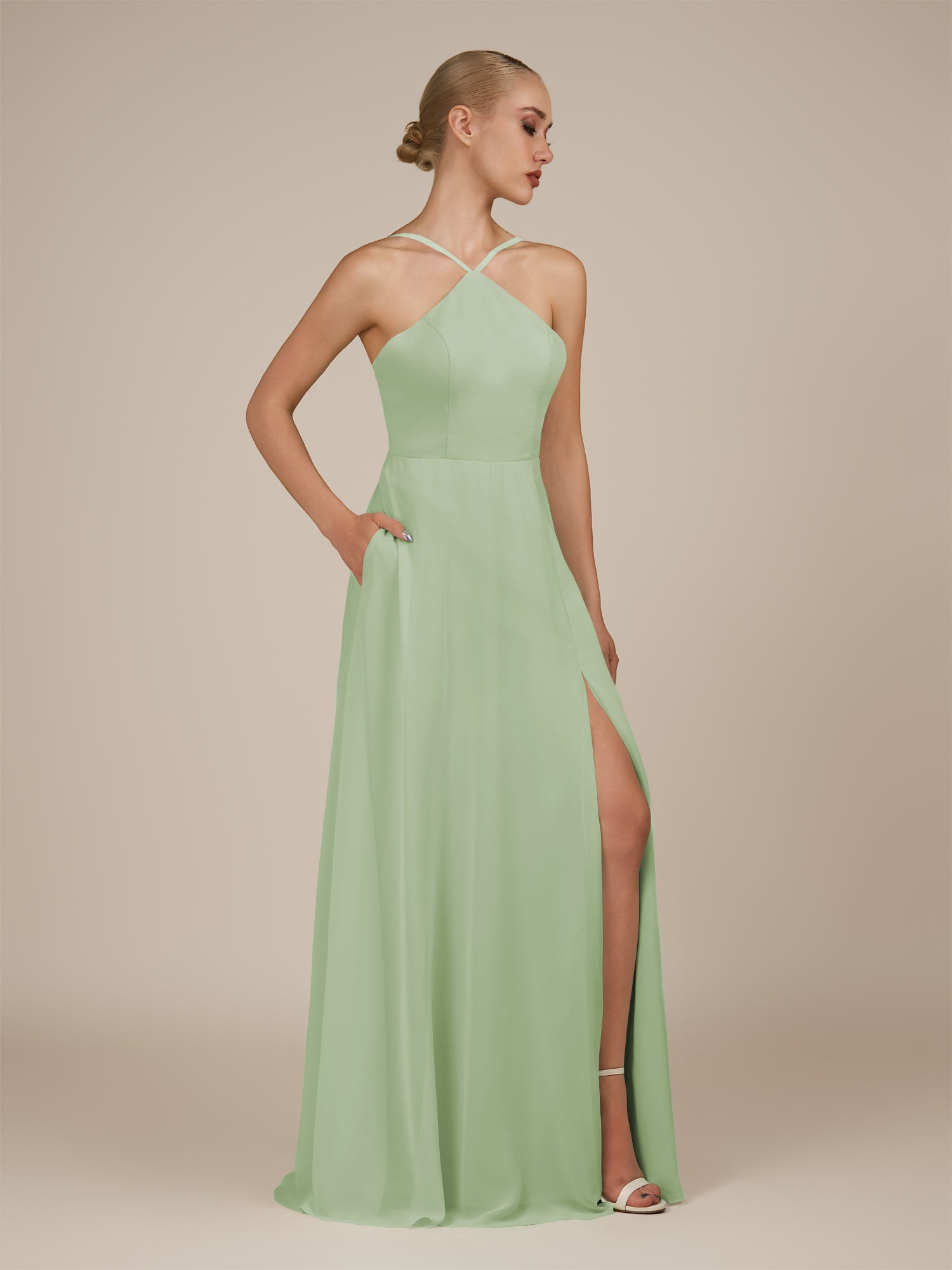 KissDress-Ione Sage A Line Chiffon Halter Neck Long Bridesmaid Dress with Slit