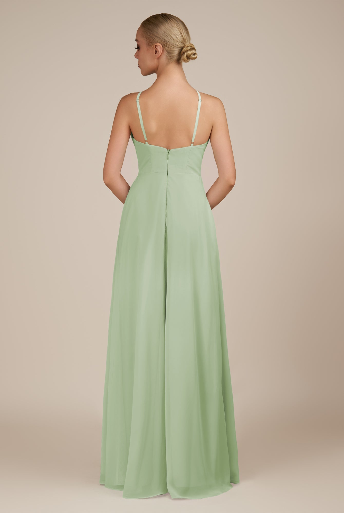 KissDress-Ione Sage A Line Chiffon Halter Neck Long Bridesmaid Dress with Slit