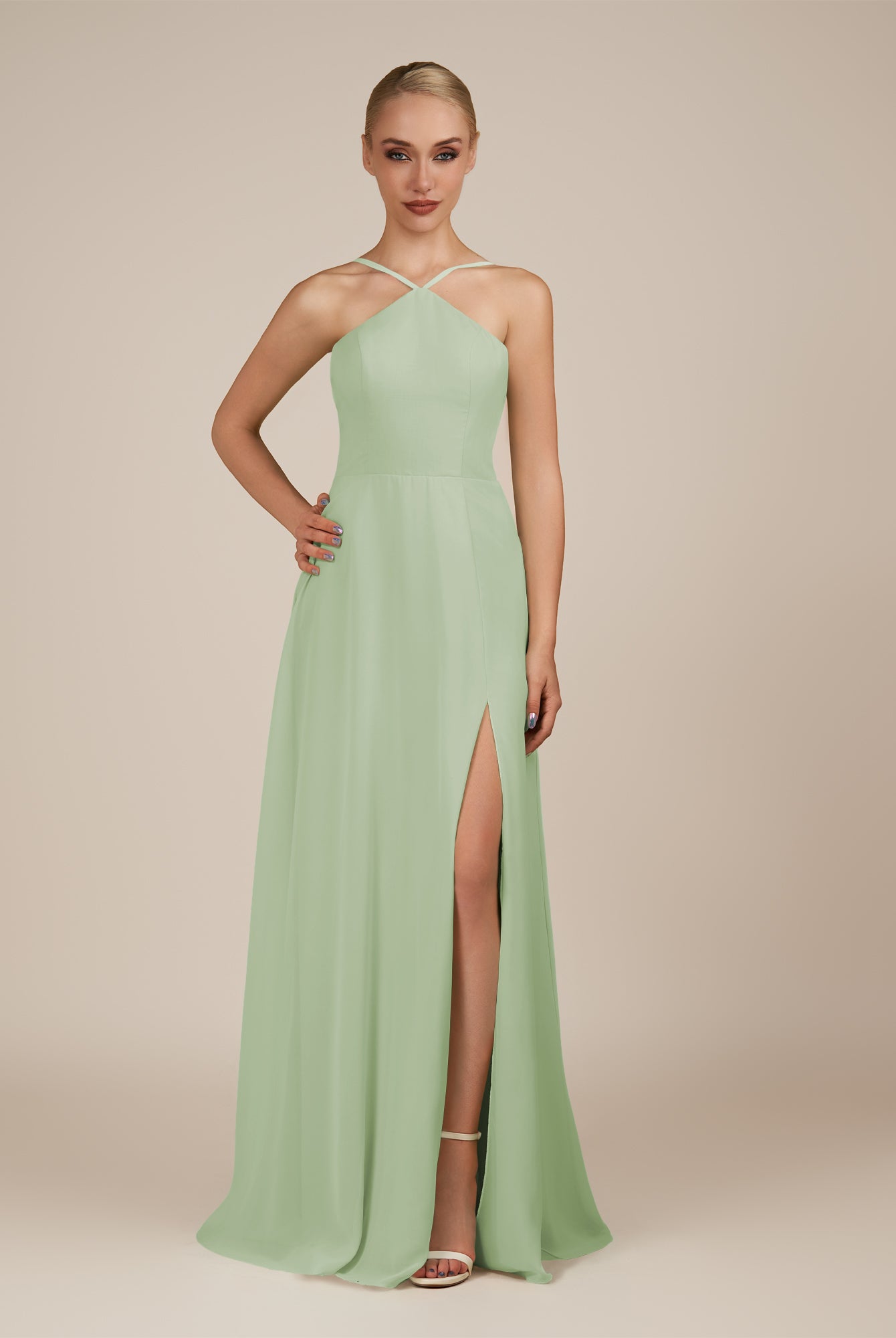 KissDress-Ione Sage A Line Chiffon Halter Neck Long Bridesmaid Dress with Slit