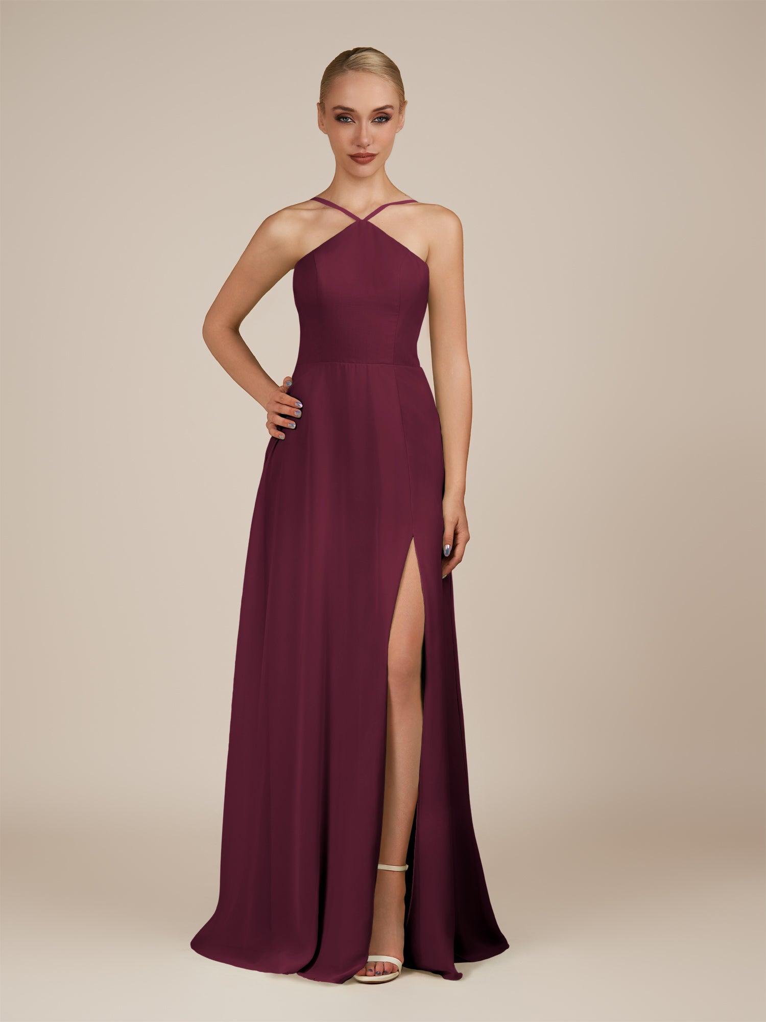 KissDress-Ione Sangria A Line Chiffon Halter Neck Long Bridesmaid Dress with Slit