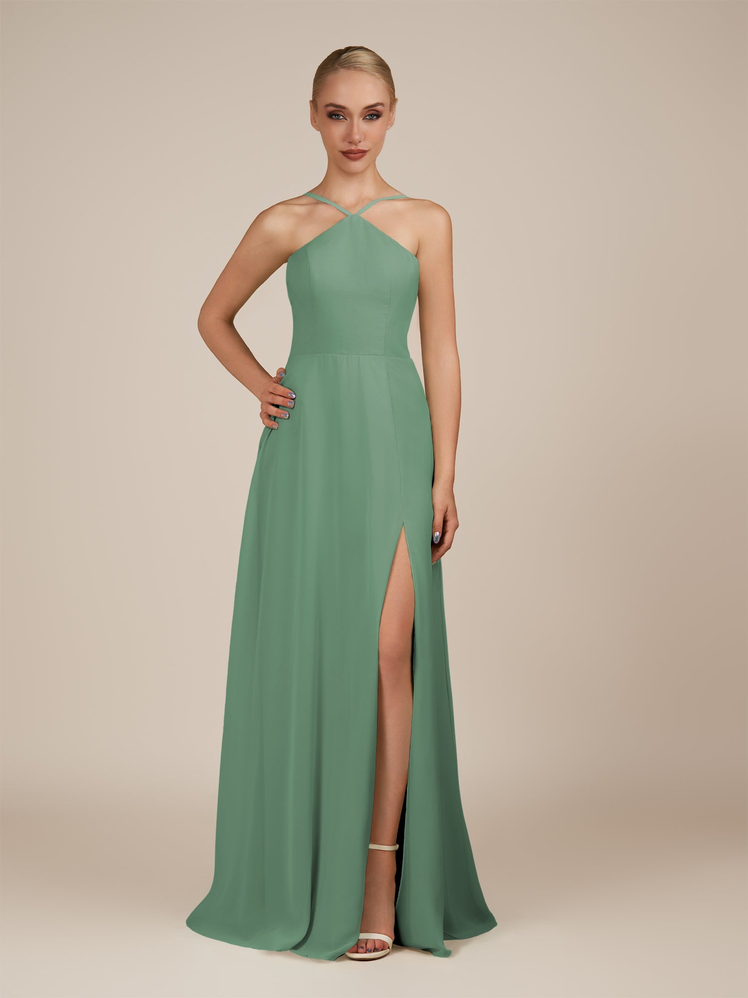 KissDress-Ione Sea Glass A Line Chiffon Halter Neck Long Bridesmaid Dress with Slit