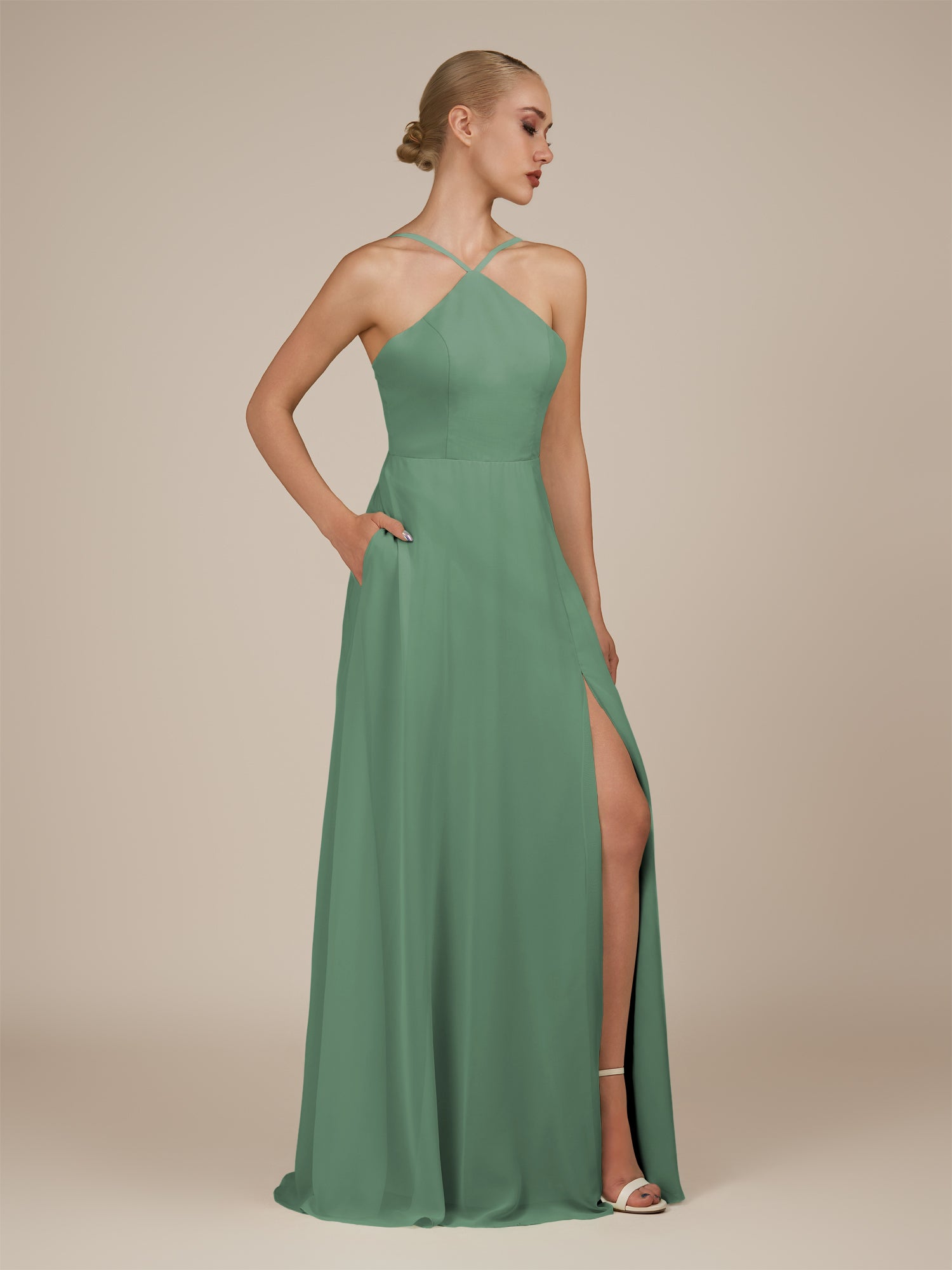 KissDress-Ione Sea Glass A Line Chiffon Halter Neck Long Bridesmaid Dress with Slit