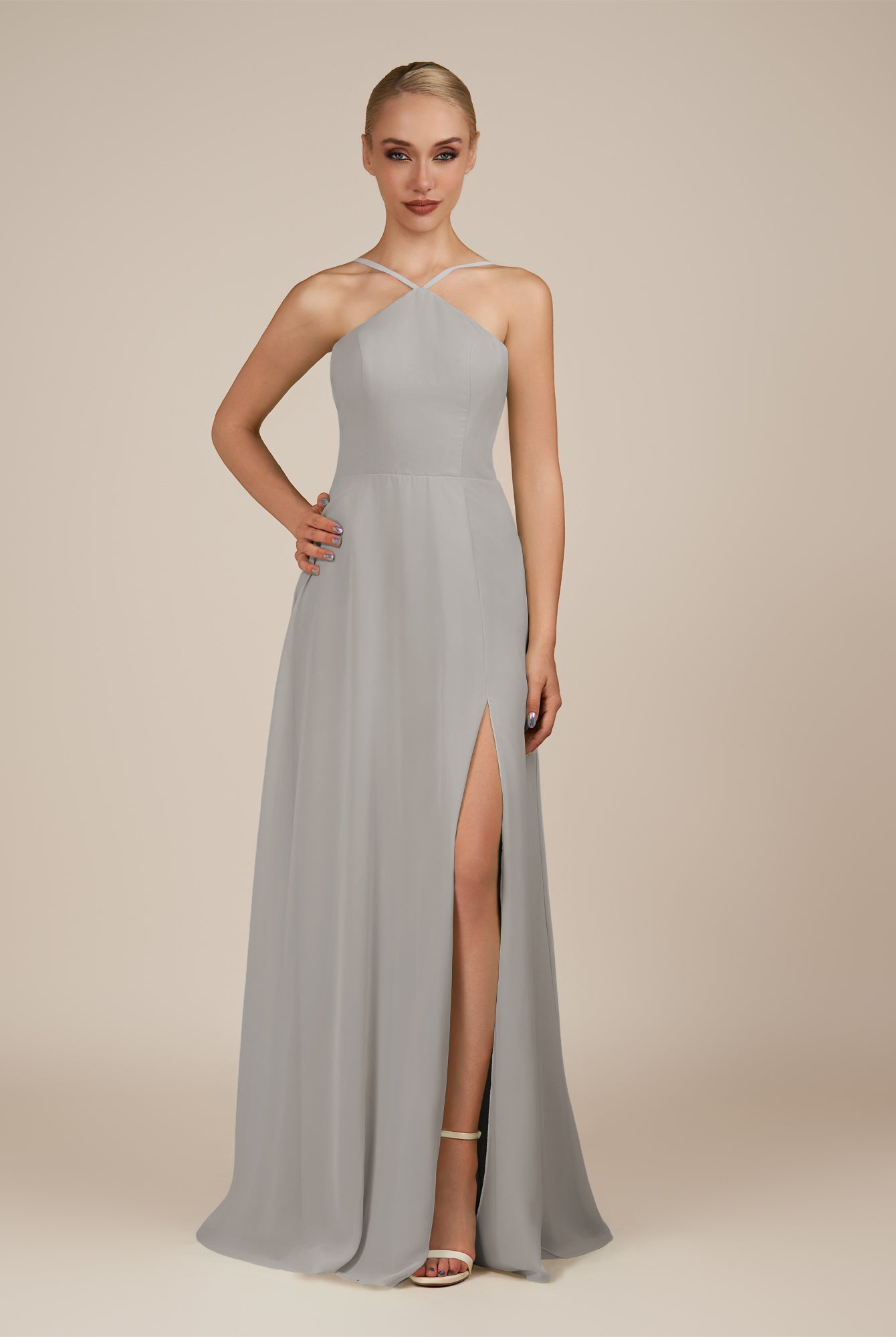 KissDress-Ione Silver A Line Chiffon Halter Neck Long Bridesmaid Dress with Slit