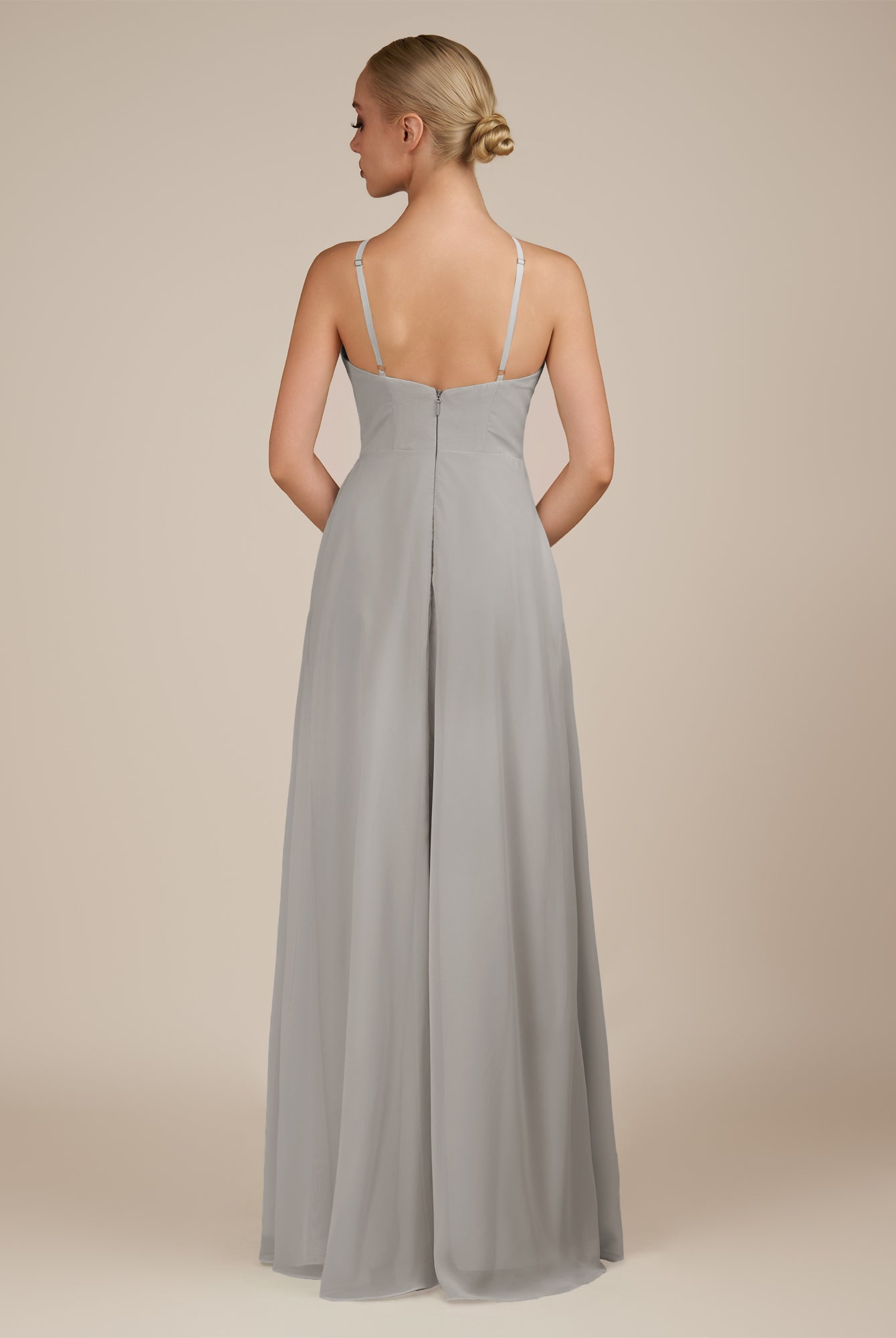 KissDress-Ione Silver A Line Chiffon Halter Neck Long Bridesmaid Dress with Slit