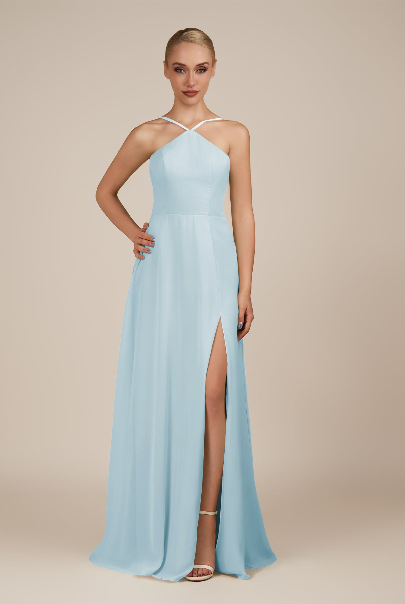 KissDress-Ione Sky Blue A Line Chiffon Halter Neck Long Bridesmaid Dress with Slit