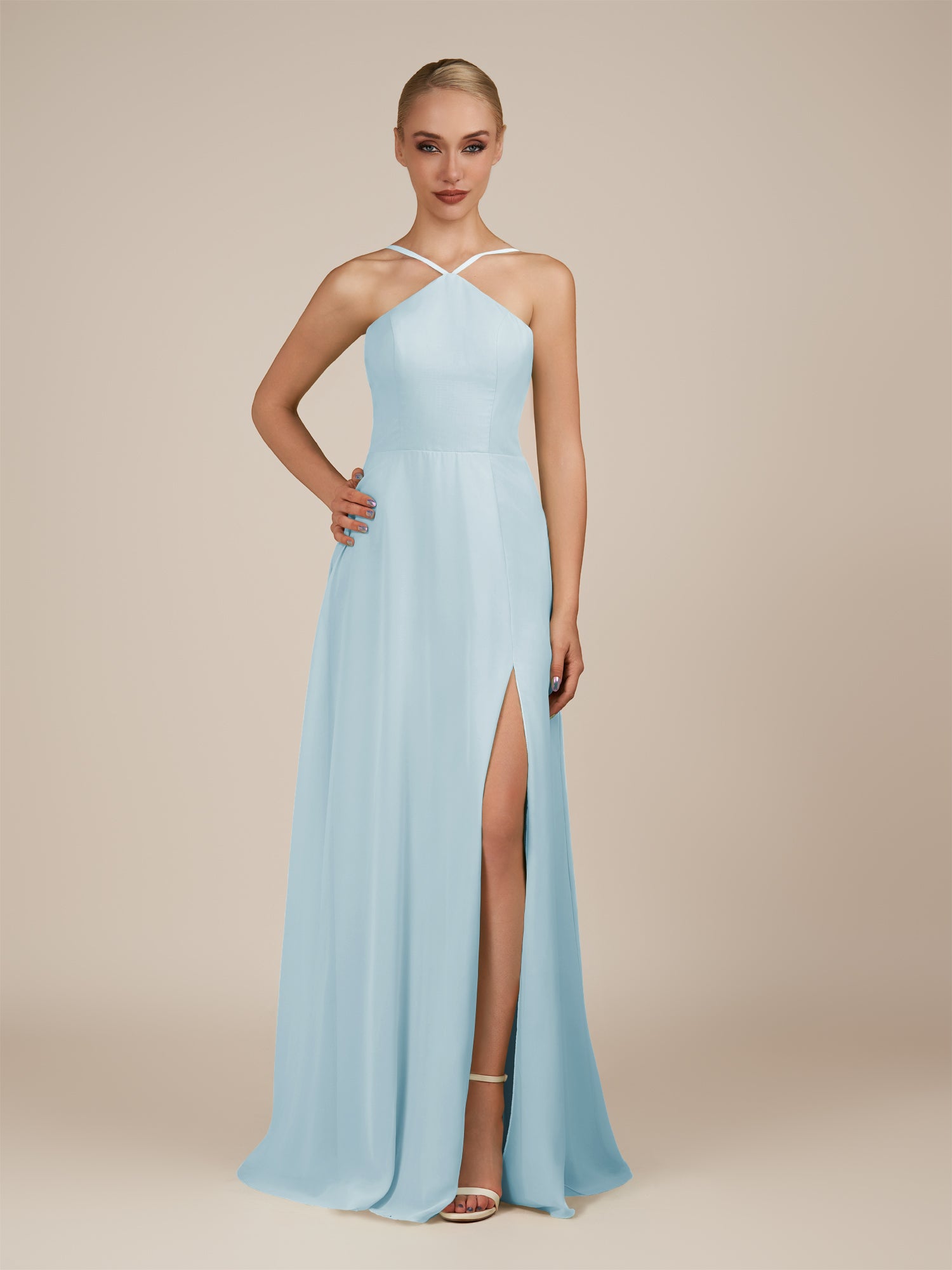 KissDress-Ione Sky Blue A Line Chiffon Halter Neck Long Bridesmaid Dress with Slit