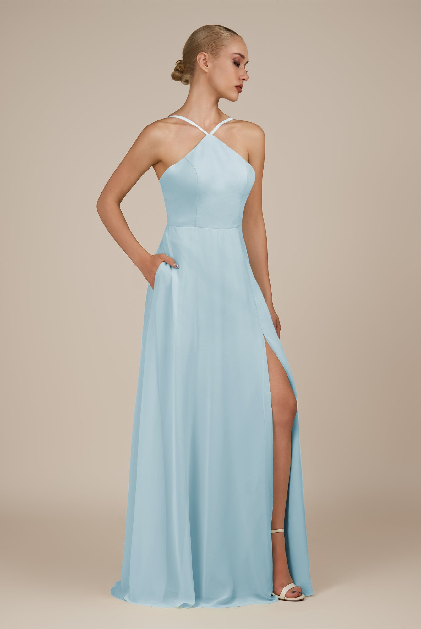 KissDress-Ione Sky Blue A Line Chiffon Halter Neck Long Bridesmaid Dress with Slit