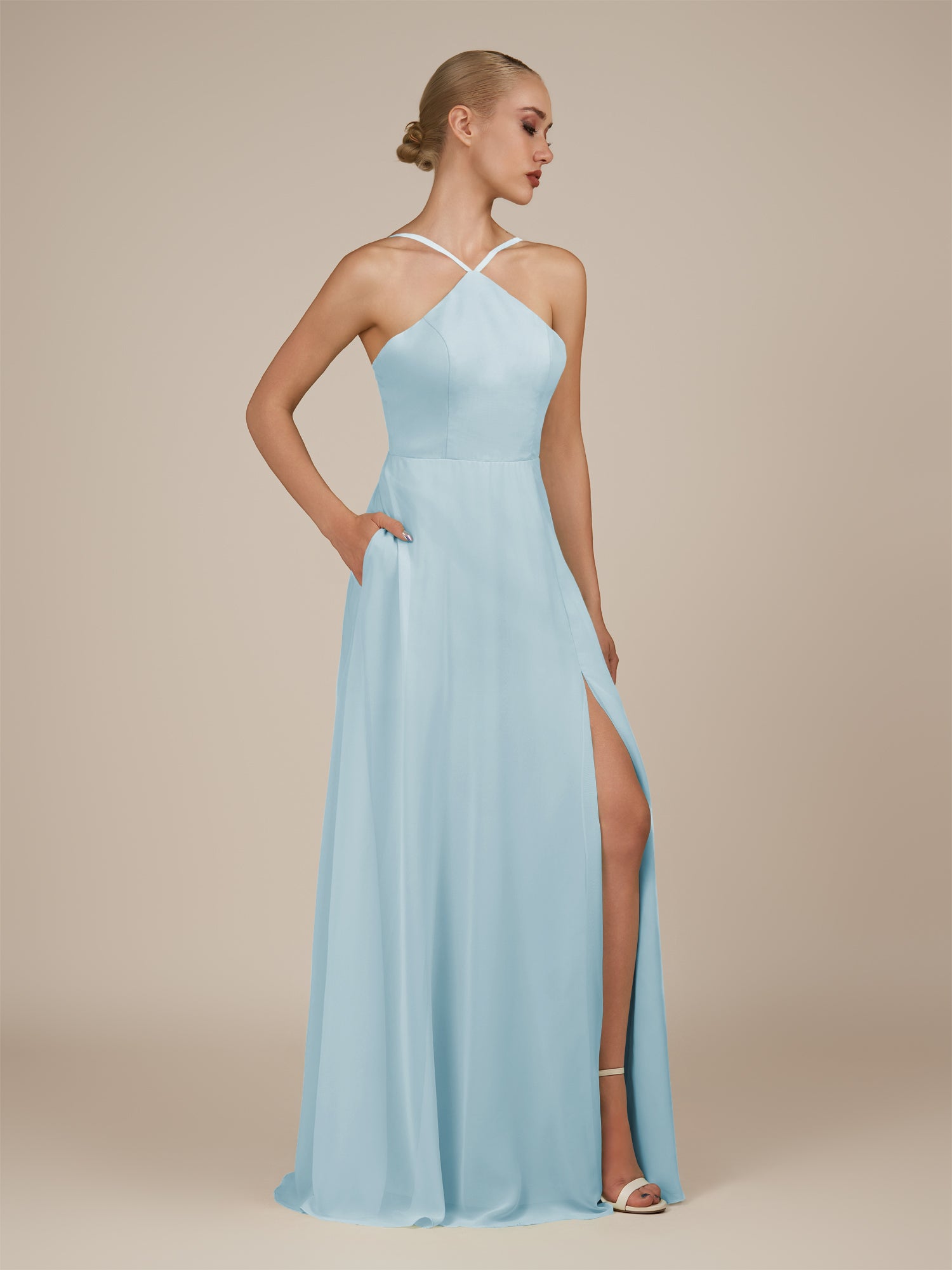 KissDress-Ione Sky Blue A Line Chiffon Halter Neck Long Bridesmaid Dress with Slit
