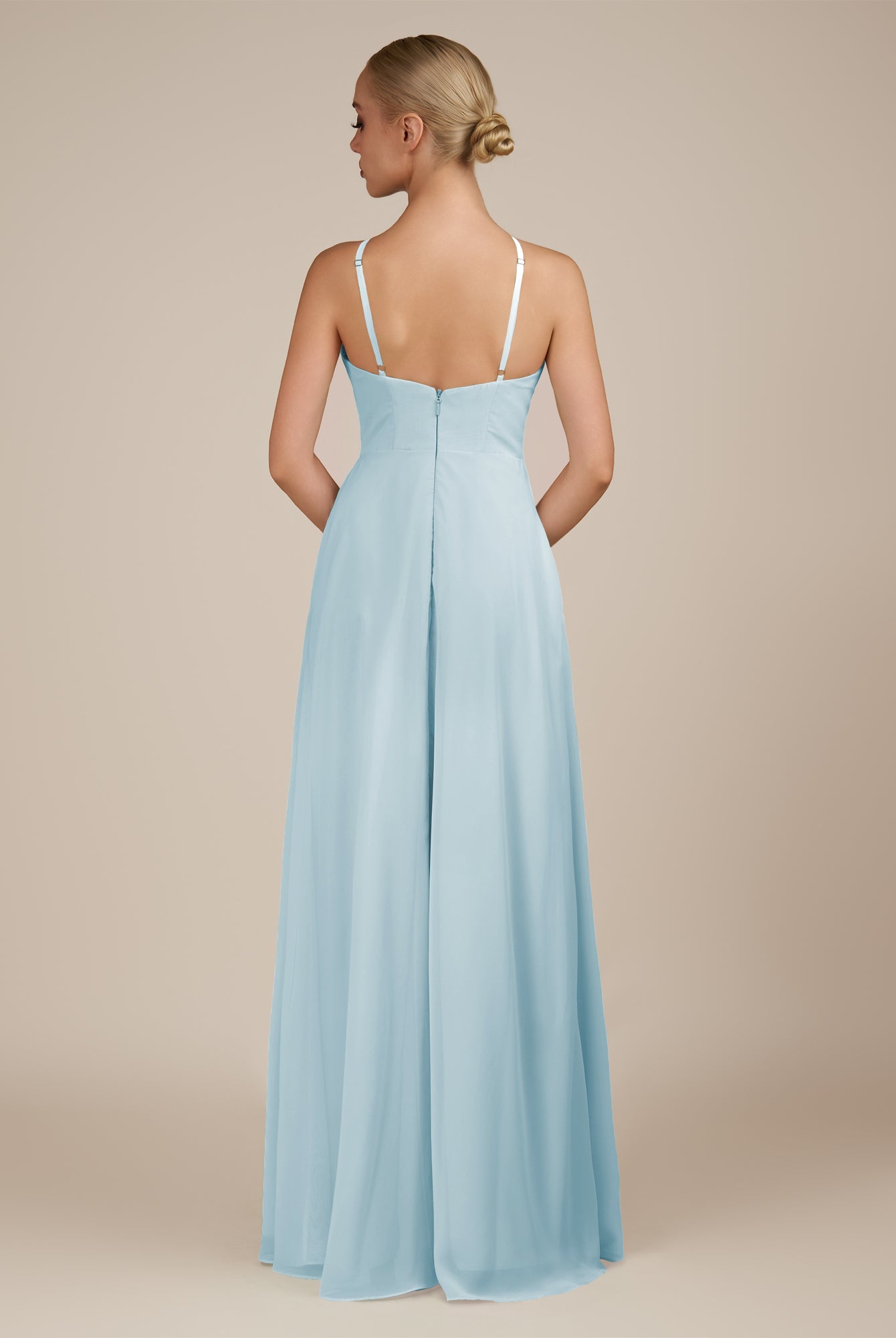 KissDress-Ione Sky Blue A Line Chiffon Halter Neck Long Bridesmaid Dress with Slit