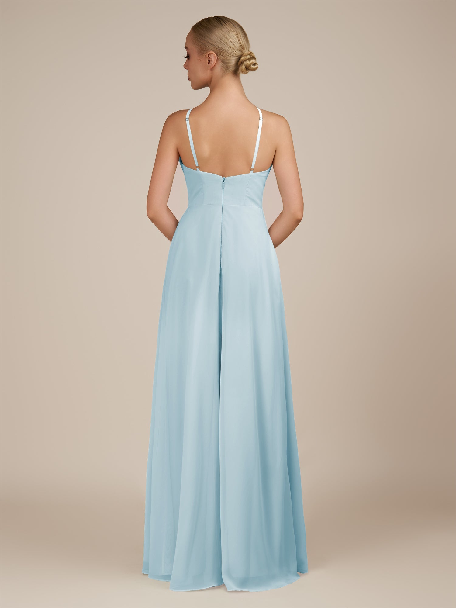 KissDress-Ione Sky Blue A Line Chiffon Halter Neck Long Bridesmaid Dress with Slit