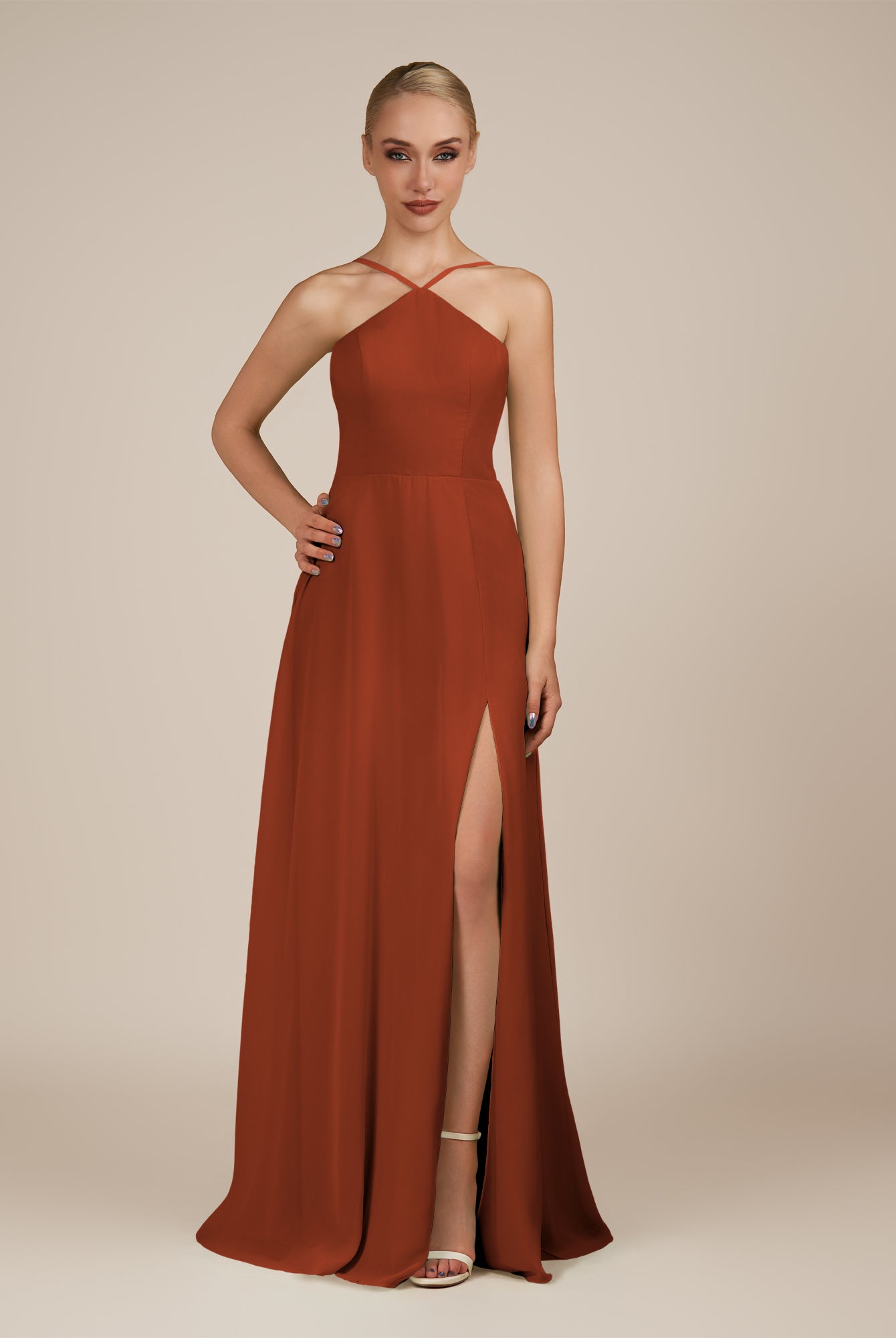 KissDress-Ione Spice A Line Chiffon Halter Neck Long Bridesmaid Dress with Slit