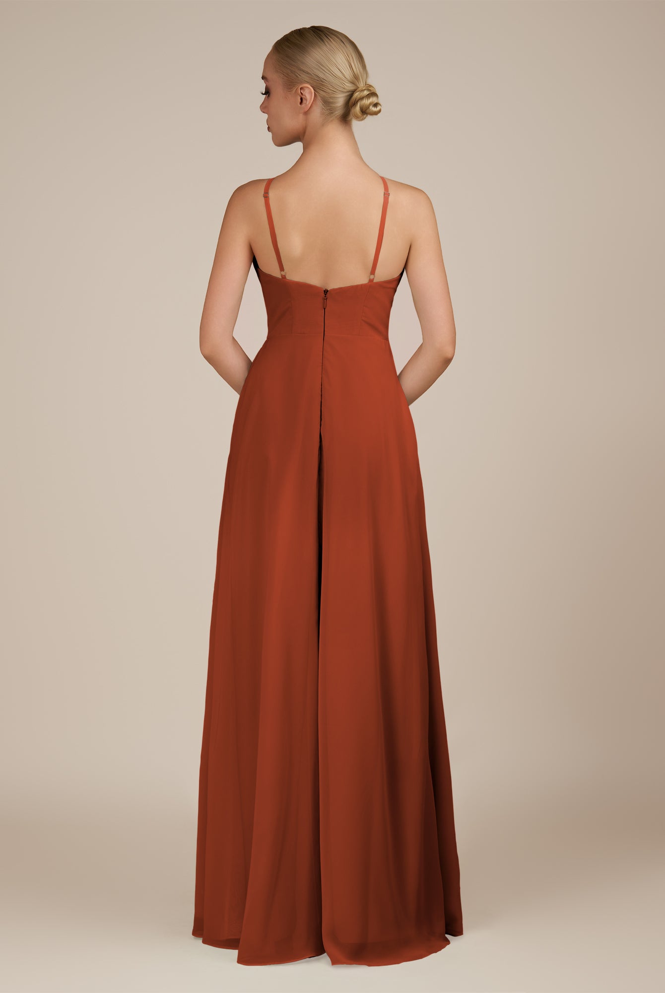 KissDress-Ione Spice A Line Chiffon Halter Neck Long Bridesmaid Dress with Slit