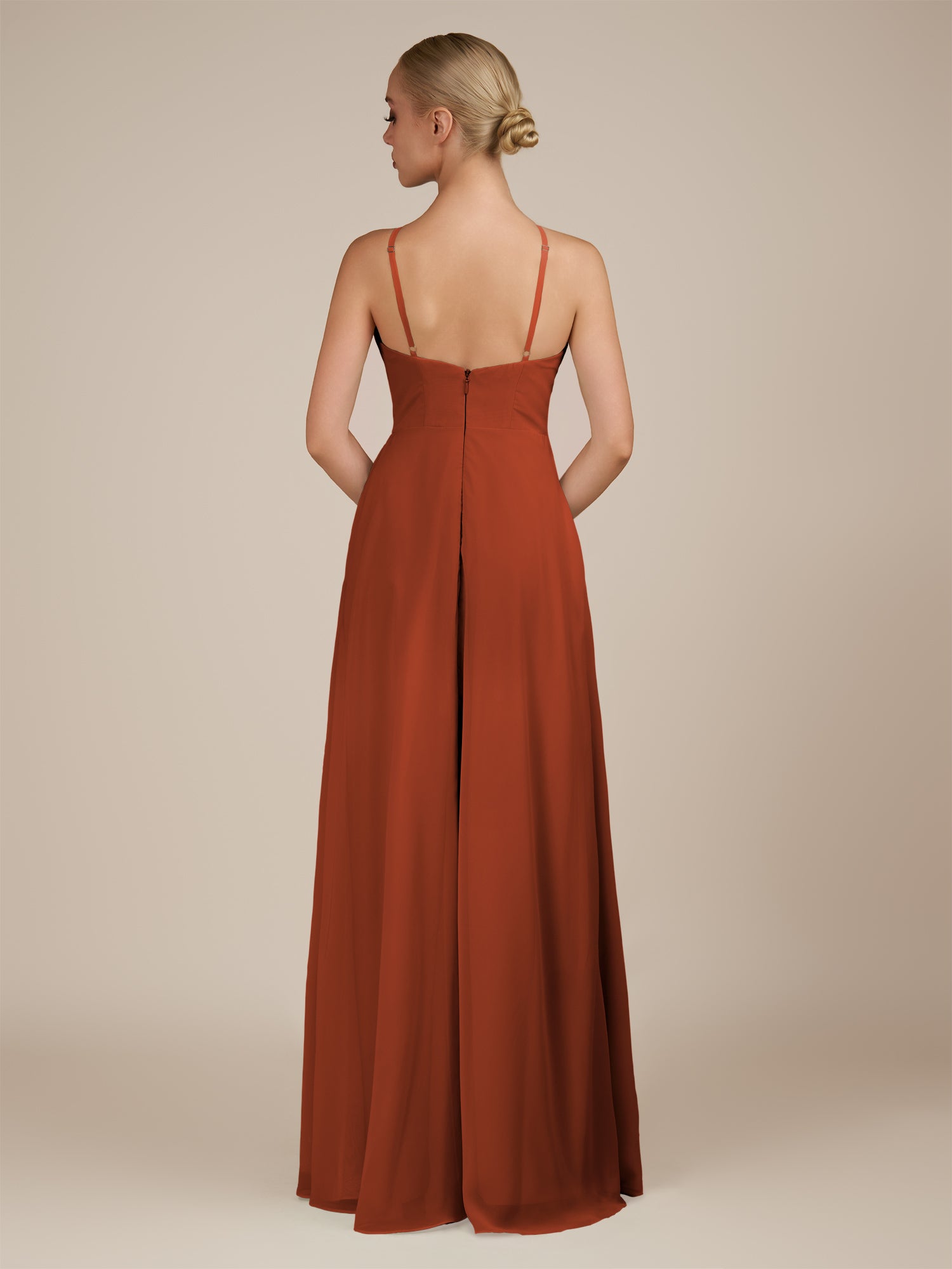 KissDress-Ione Spice A Line Chiffon Halter Neck Long Bridesmaid Dress with Slit
