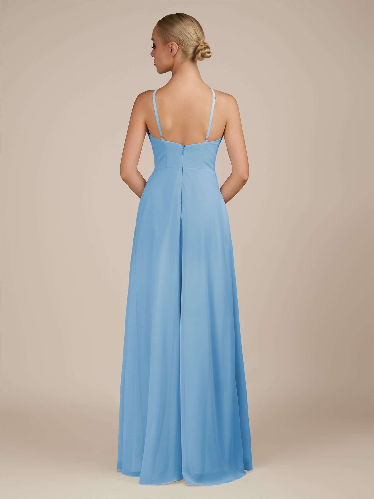 KissDress-Ione Steel Blue A Line Chiffon Halter Neck Long Bridesmaid Dress with Slit
