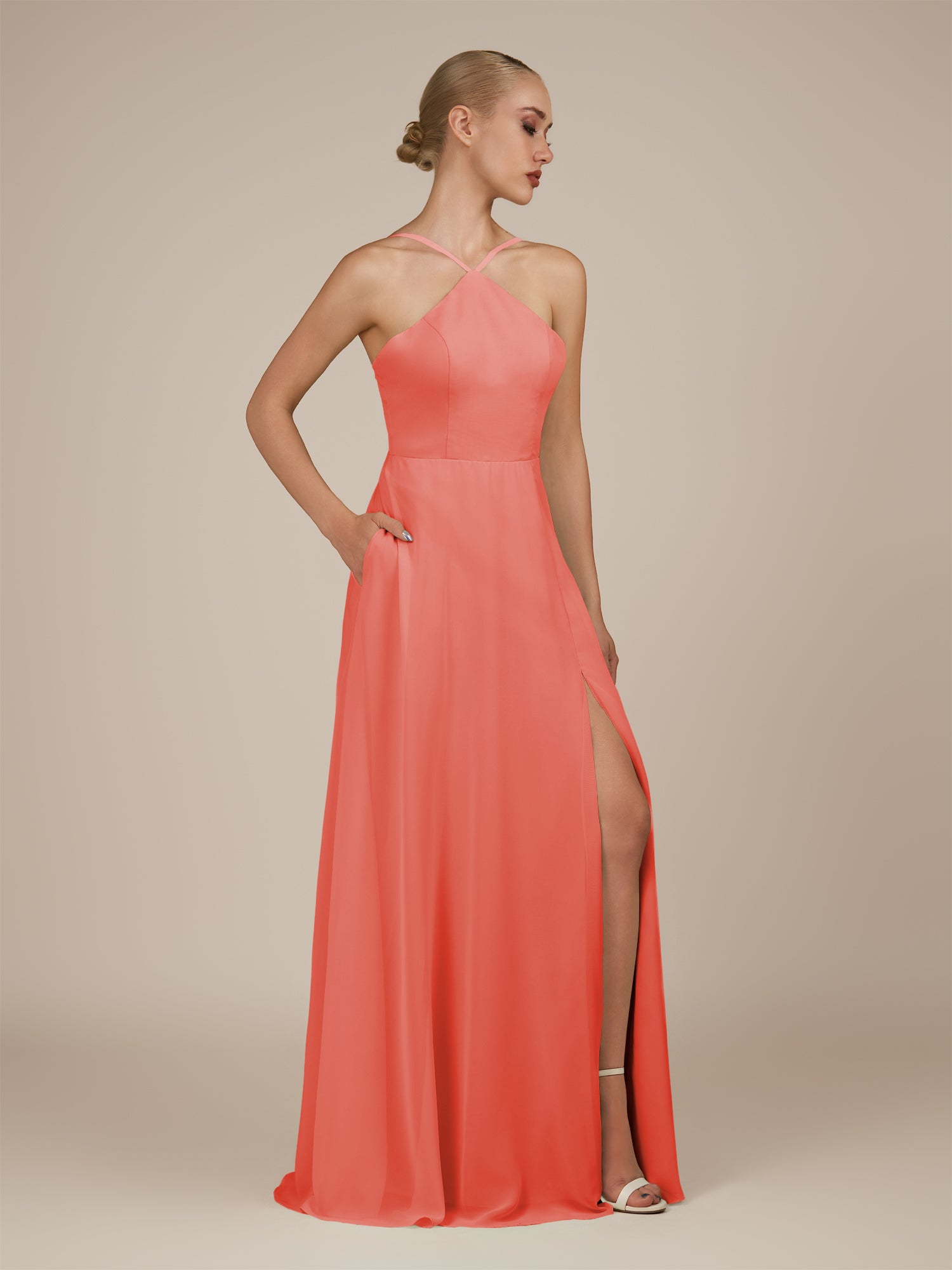 KissDress-Ione Sunset A Line Chiffon Halter Neck Long Bridesmaid Dress with Slit