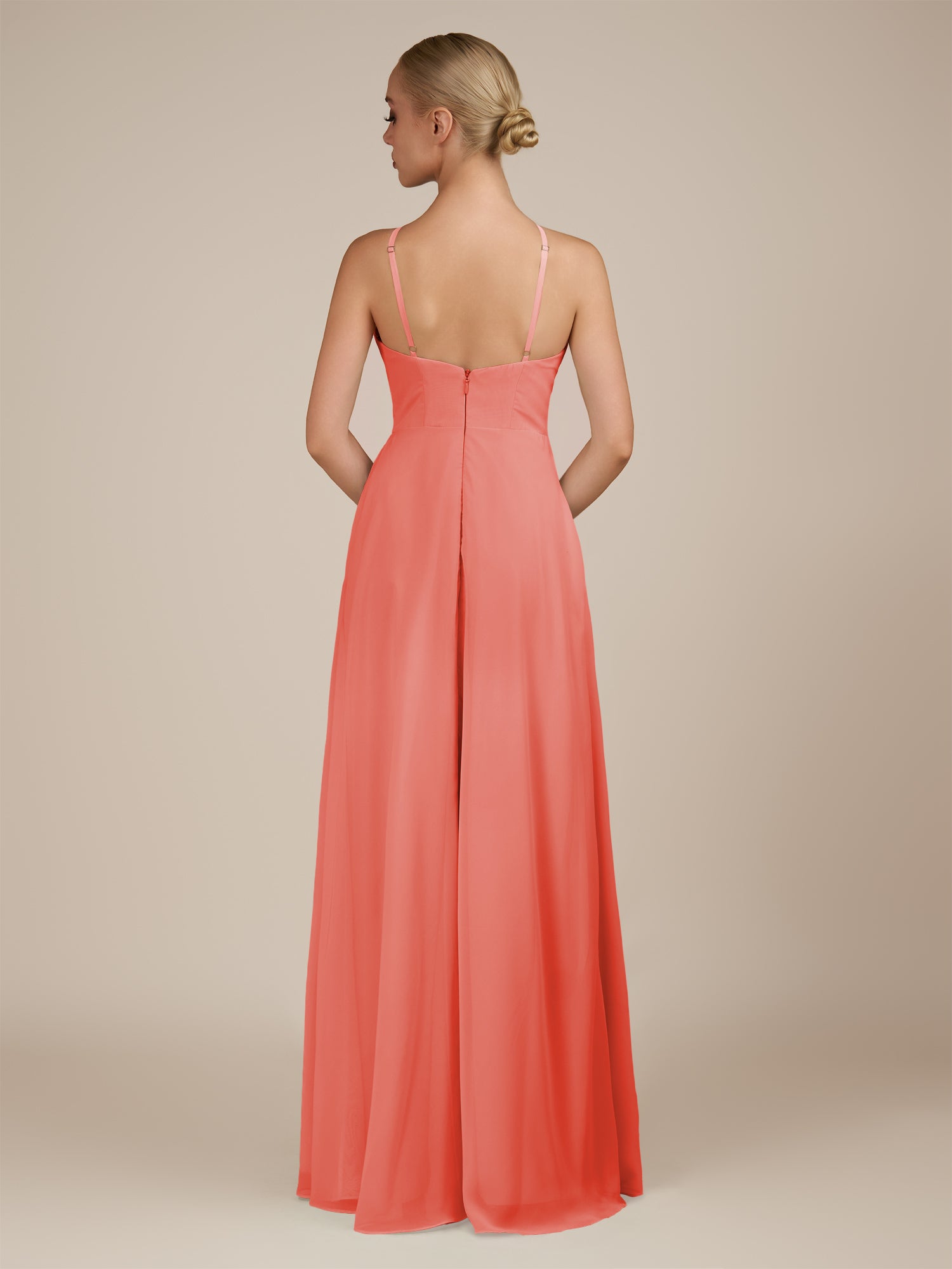KissDress-Ione Sunset A Line Chiffon Halter Neck Long Bridesmaid Dress with Slit