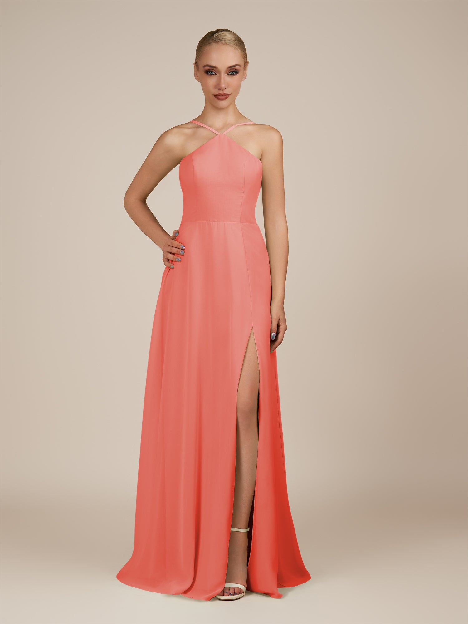 KissDress-Ione Sunset A Line Chiffon Halter Neck Long Bridesmaid Dress with Slit