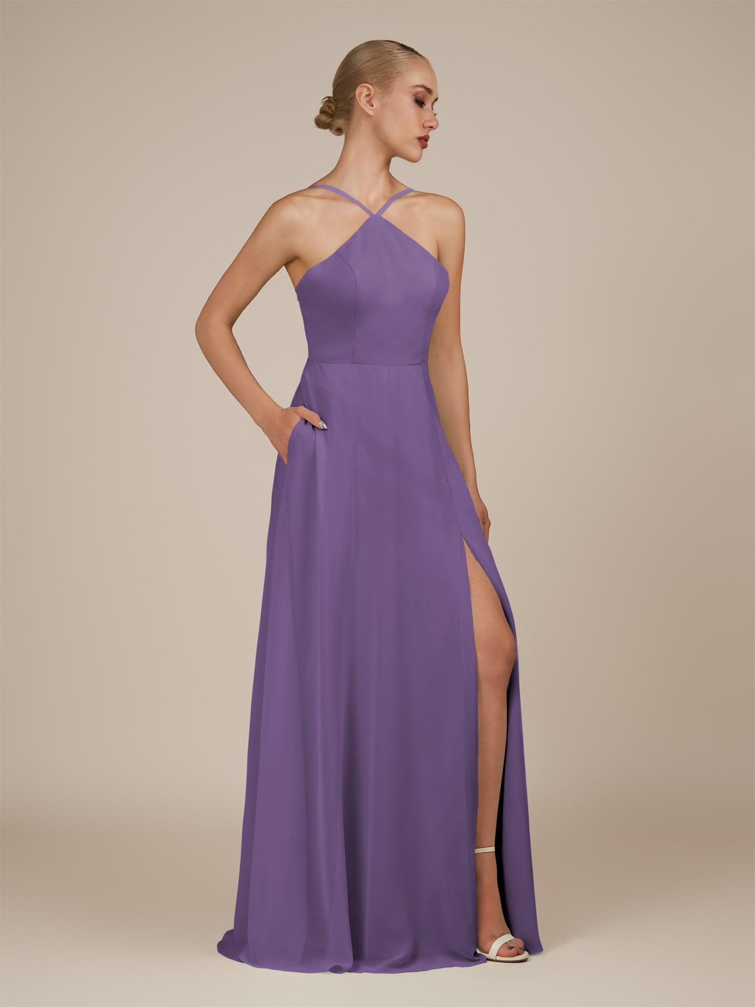 KissDress-Ione Tahiti A Line Chiffon Halter Neck Long Bridesmaid Dress with Slit
