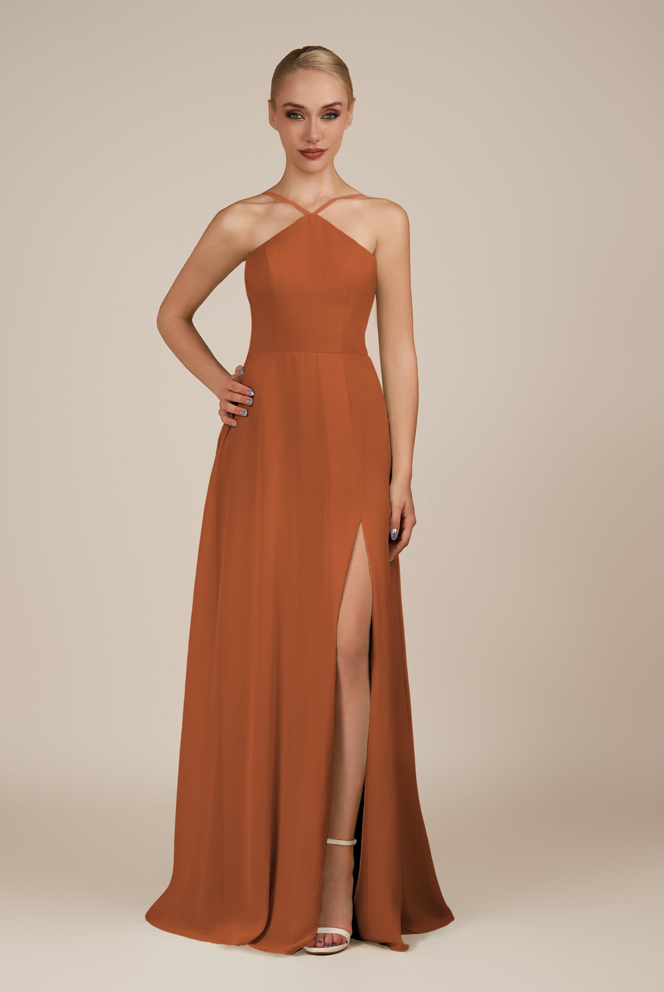 KissDress-Ione Terracotta A Line Chiffon Halter Neck Long Bridesmaid Dress with Slit