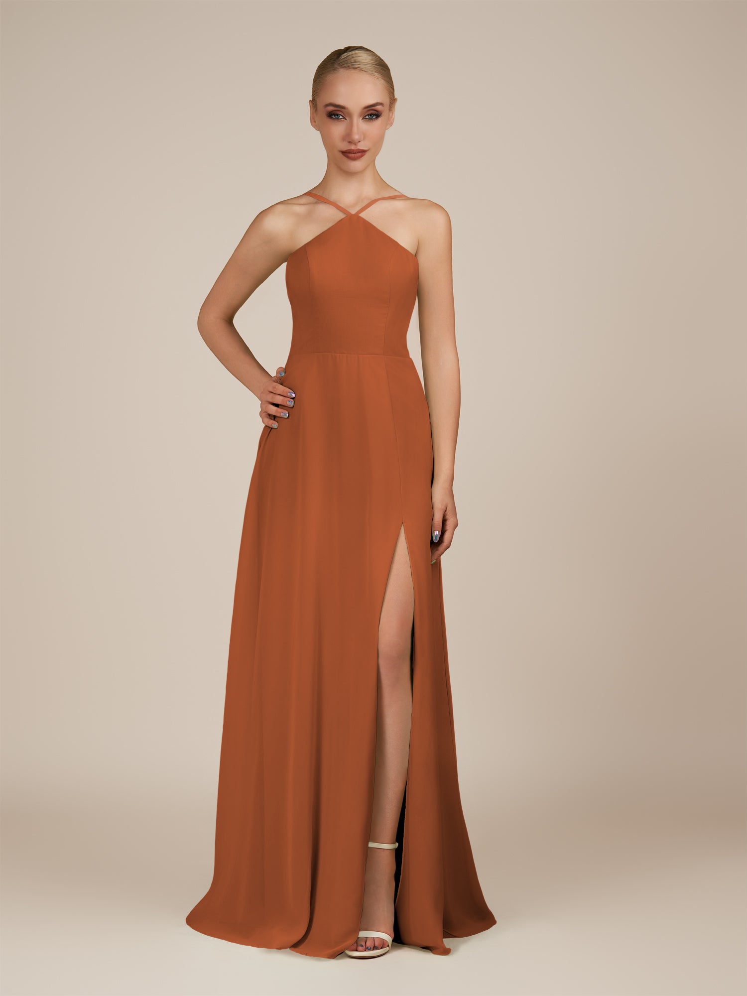 KissDress-Ione Terracotta A Line Chiffon Halter Neck Long Bridesmaid Dress with Slit