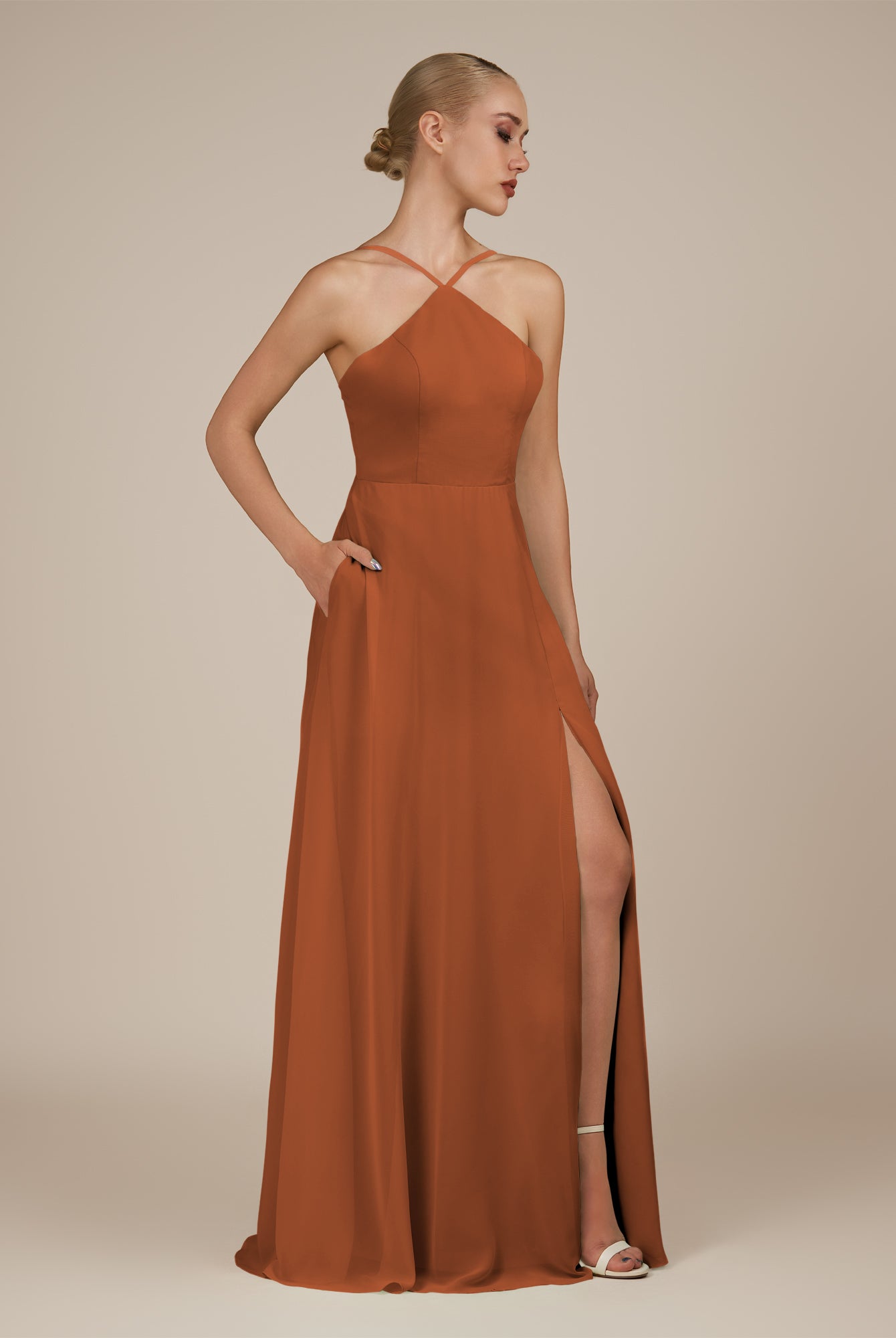 KissDress-Ione Terracotta A Line Chiffon Halter Neck Long Bridesmaid Dress with Slit
