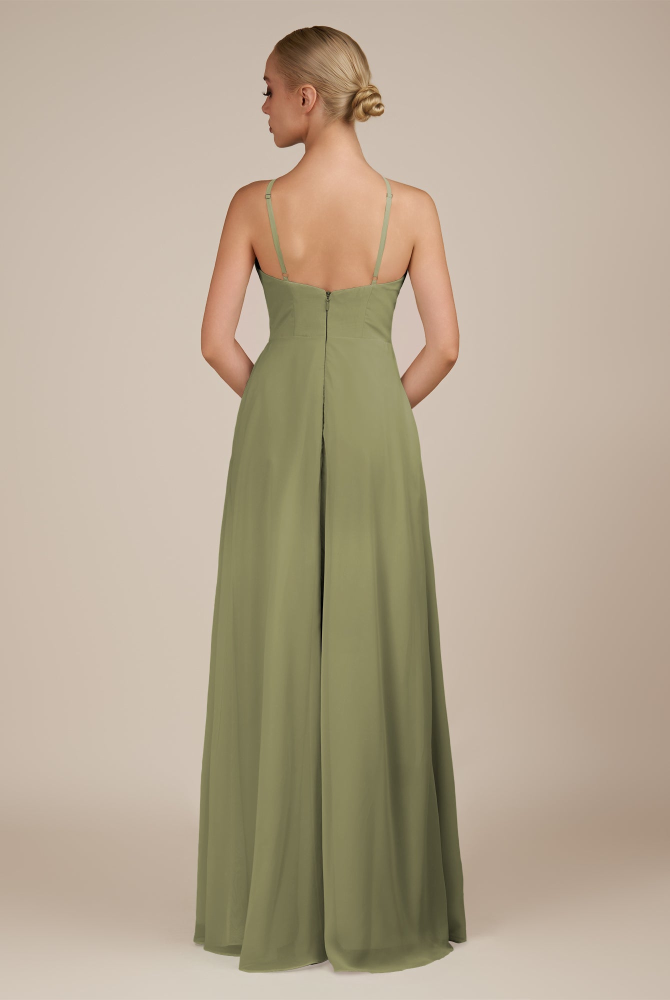 KissDress-Ione Thyme A Line Chiffon Halter Neck Long Bridesmaid Dress with Slit
