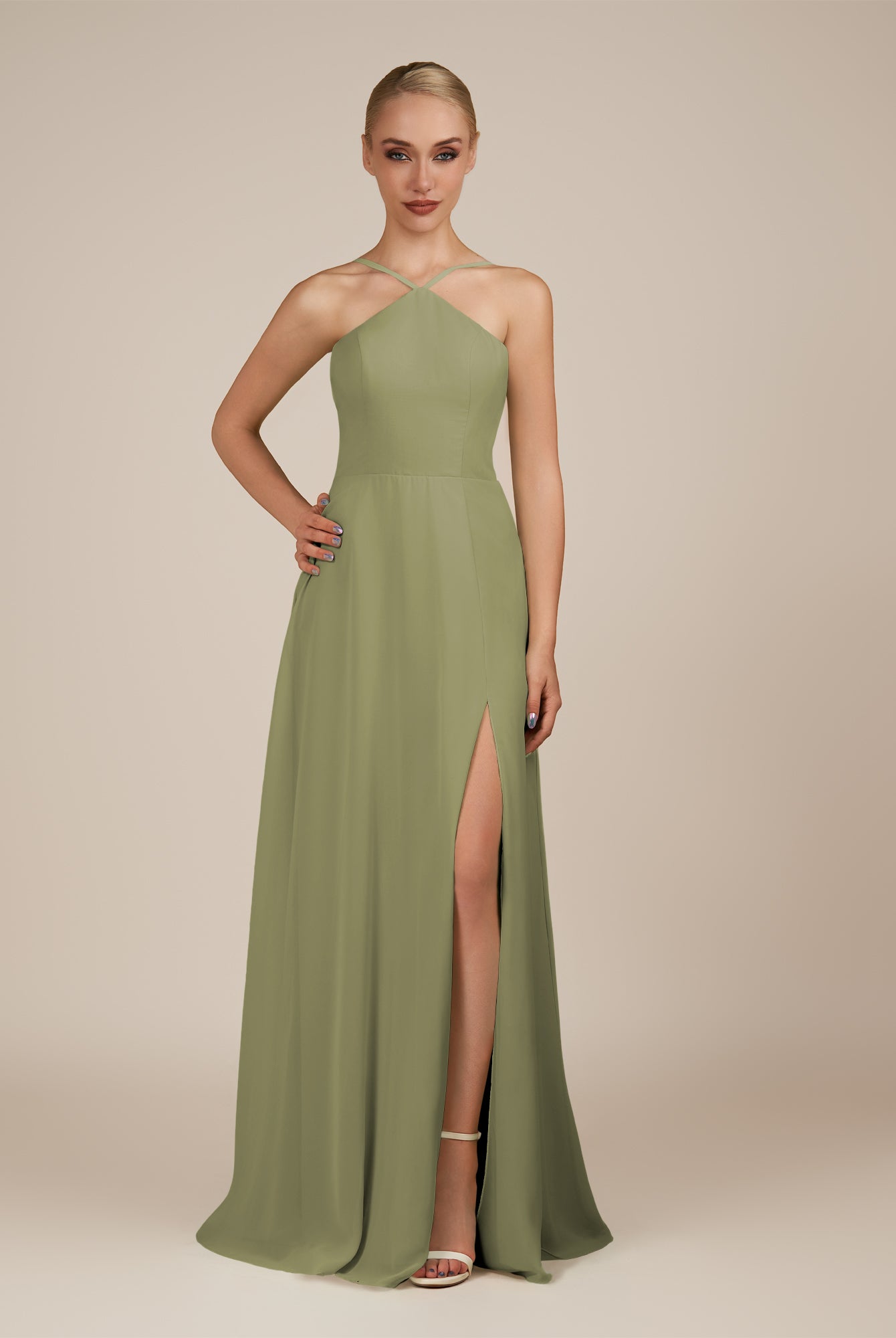 KissDress-Ione Thyme A Line Chiffon Halter Neck Long Bridesmaid Dress with Slit