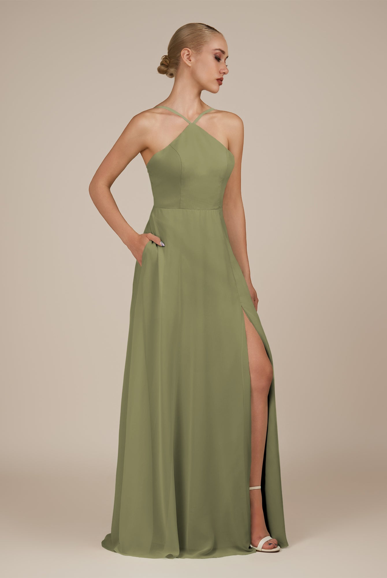 KissDress-Ione Thyme A Line Chiffon Halter Neck Long Bridesmaid Dress with Slit