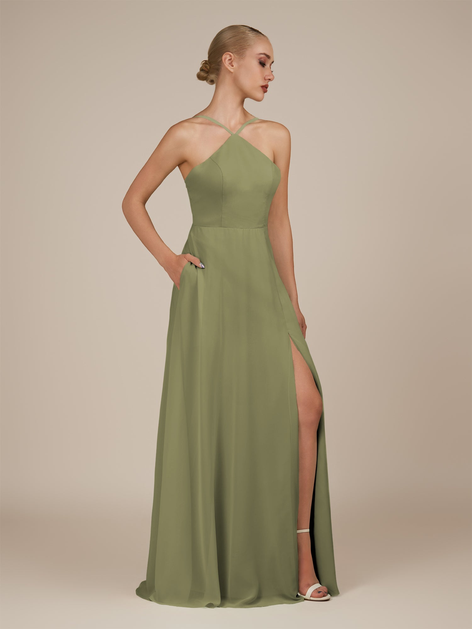 KissDress-Ione Thyme A Line Chiffon Halter Neck Long Bridesmaid Dress with Slit