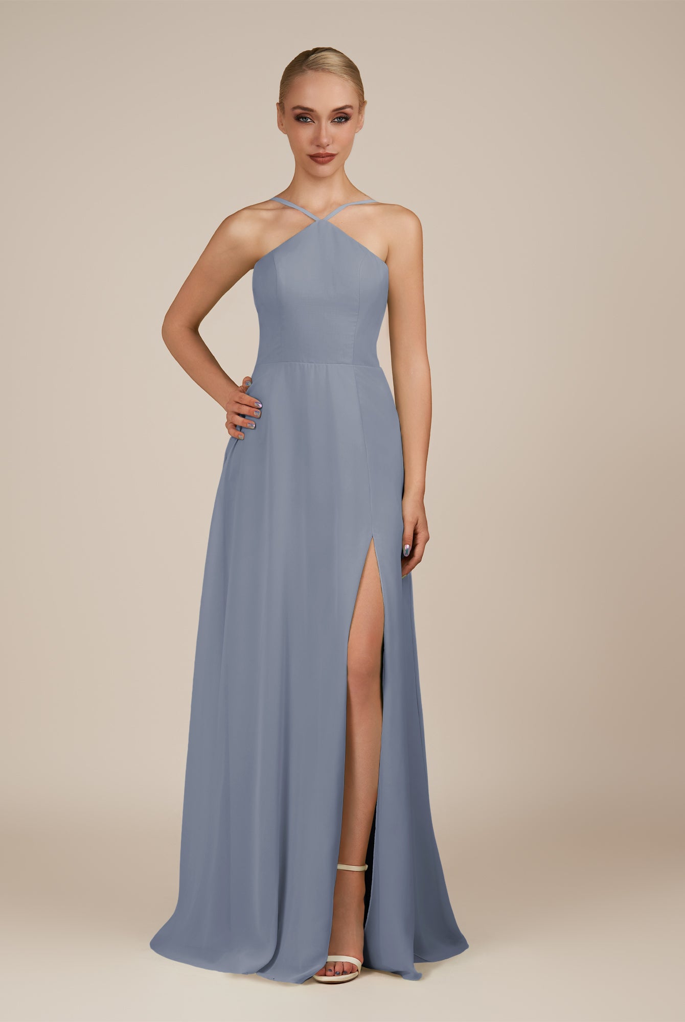 KissDress-Ione Twilight A Line Chiffon Halter Neck Long Bridesmaid Dress with Slit