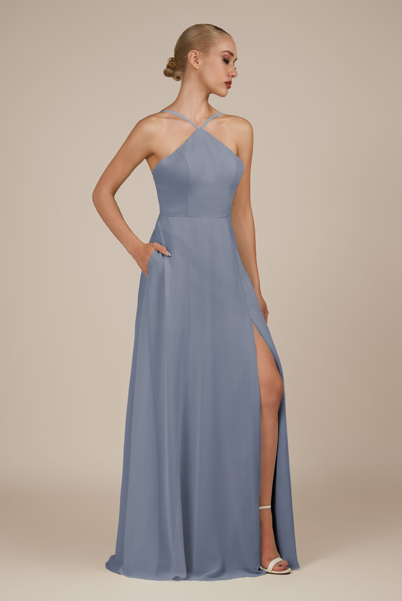 KissDress-Ione Twilight A Line Chiffon Halter Neck Long Bridesmaid Dress with Slit