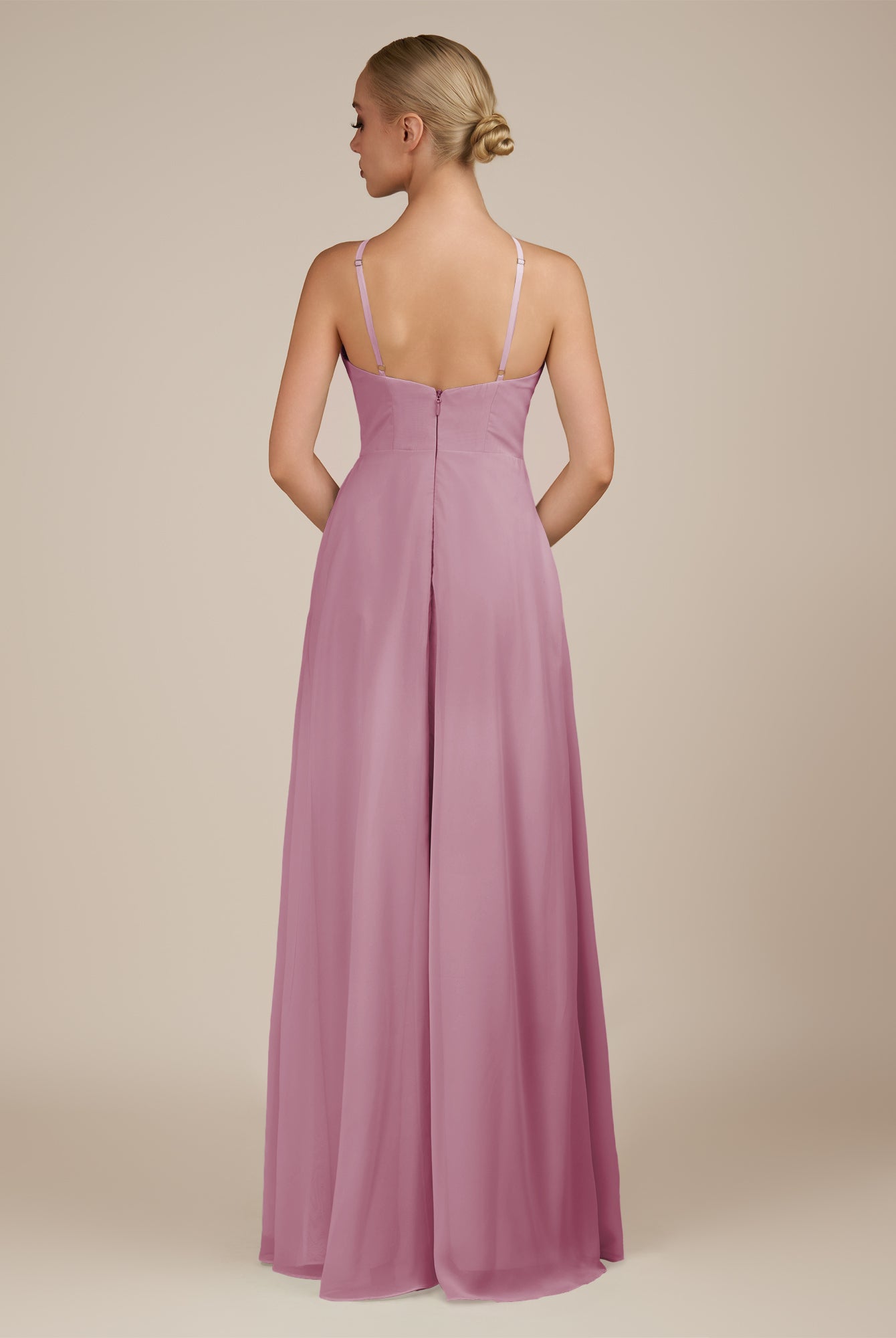 KissDress-Ione Vintage Mauve A Line Chiffon Halter Neck Long Bridesmaid Dress with Slit