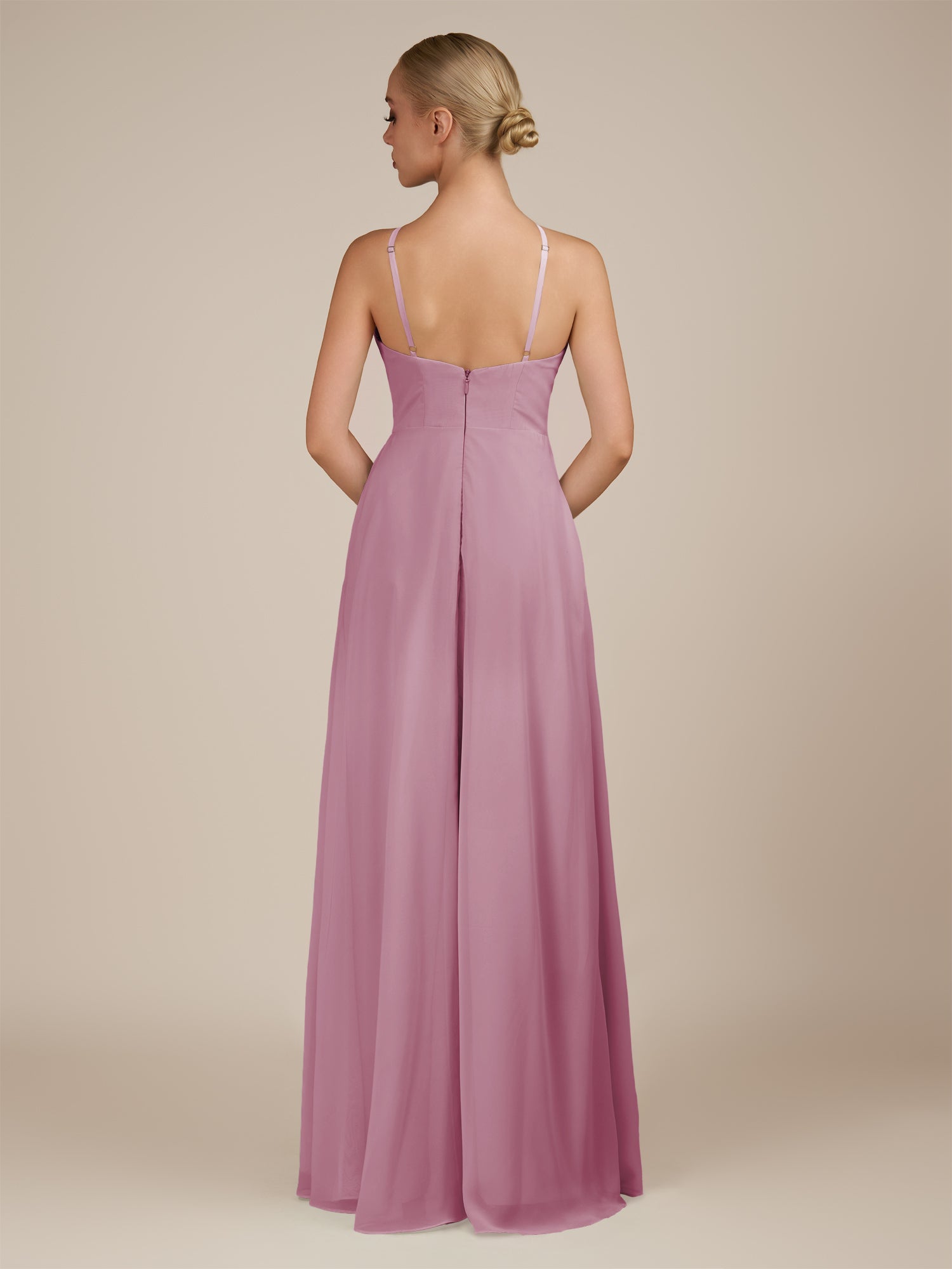 KissDress-Ione Vintage Mauve A Line Chiffon Halter Neck Long Bridesmaid Dress with Slit