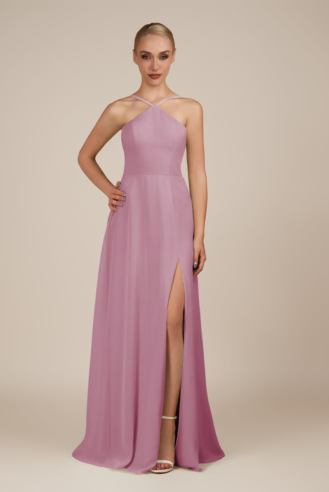 KissDress-Ione Vintage Mauve A Line Chiffon Halter Neck Long Bridesmaid Dress with Slit