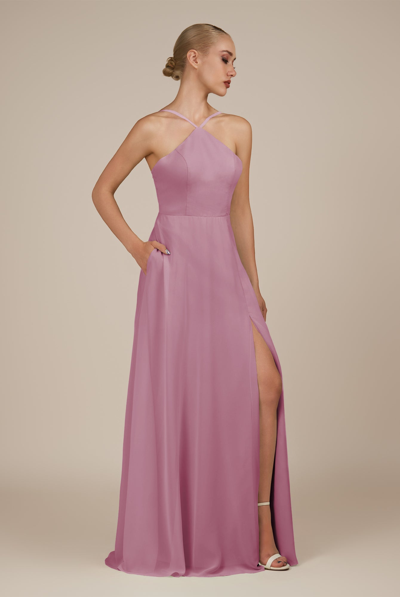 KissDress-Ione Vintage Mauve A Line Chiffon Halter Neck Long Bridesmaid Dress with Slit