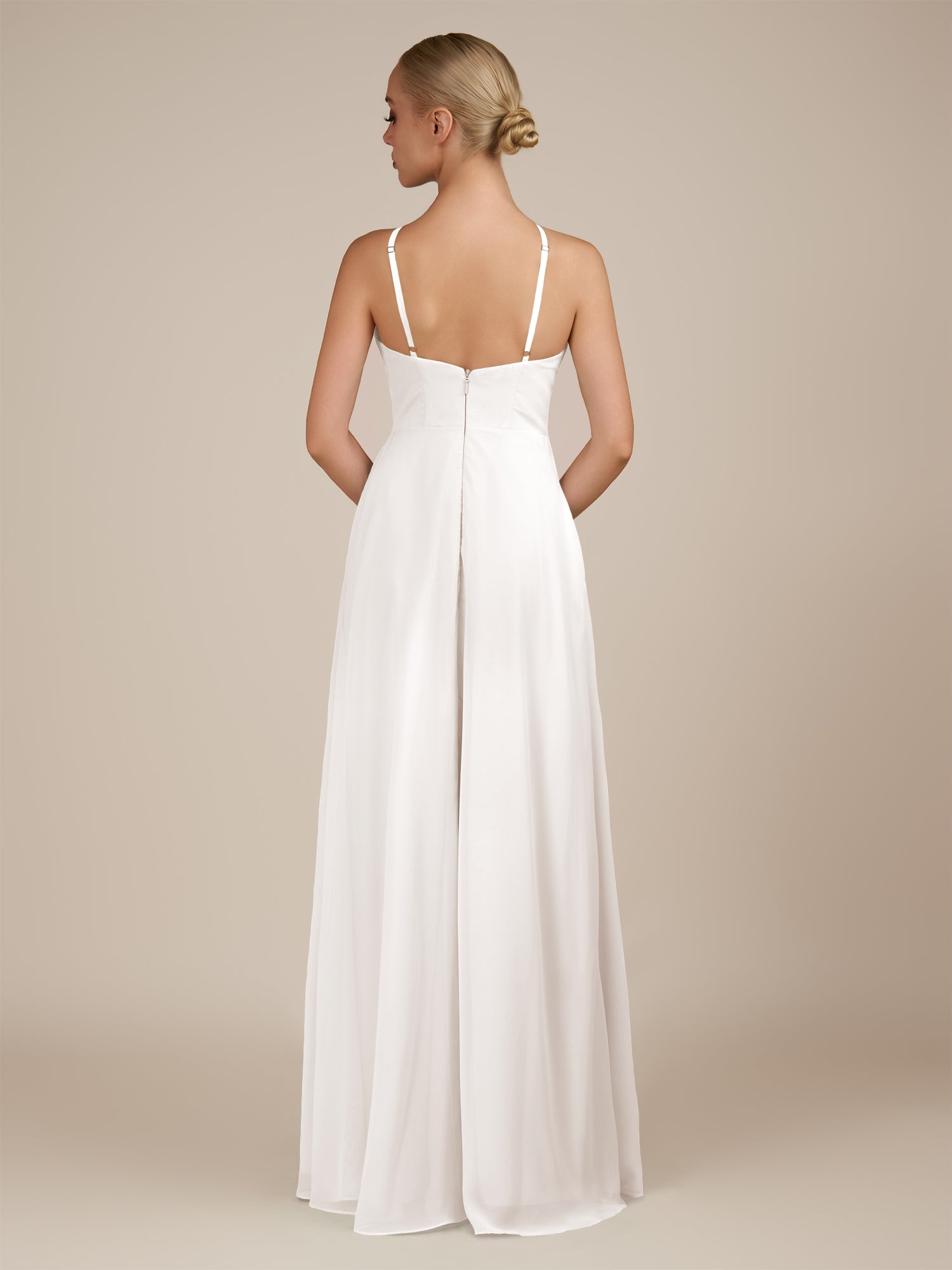 KissDress-Ione White A Line Chiffon Halter Neck Long Bridesmaid Dress with Slit