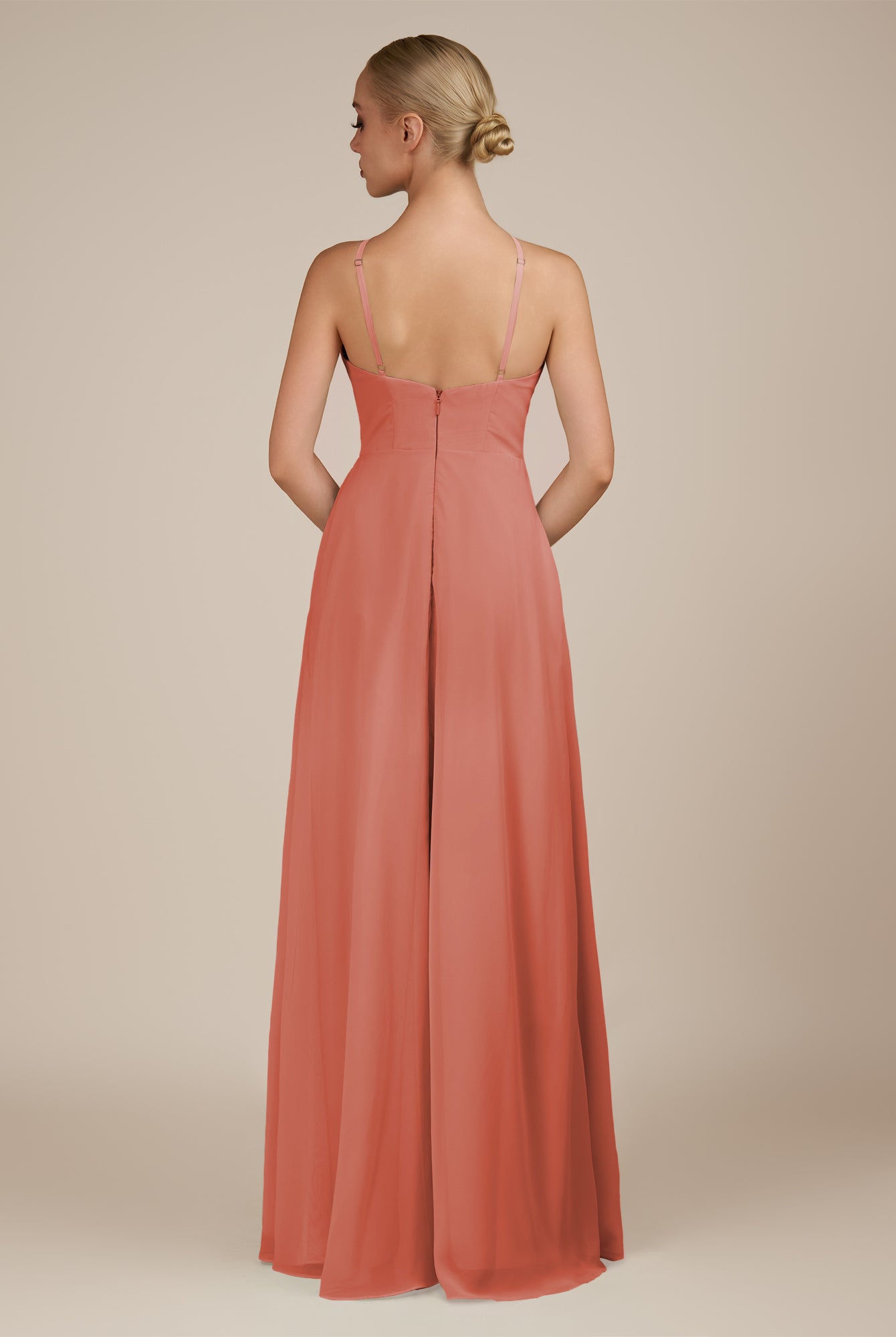 KissDress-Ione Wild Rose A Line Chiffon Halter Neck Long Bridesmaid Dress with Slit