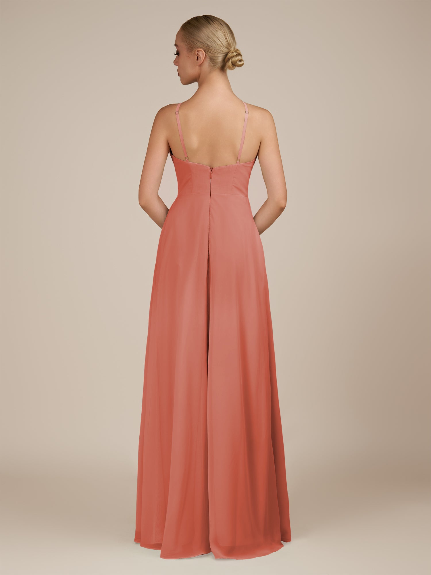 KissDress-Ione Wild Rose A Line Chiffon Halter Neck Long Bridesmaid Dress with Slit