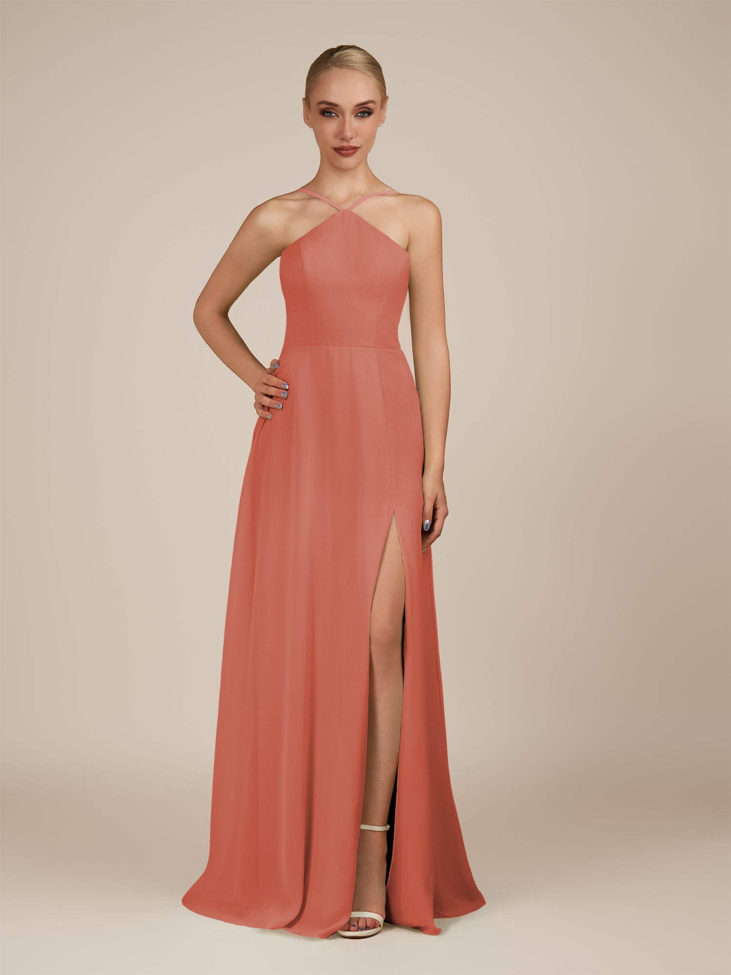 KissDress-Ione Wild Rose A Line Chiffon Halter Neck Long Bridesmaid Dress with Slit