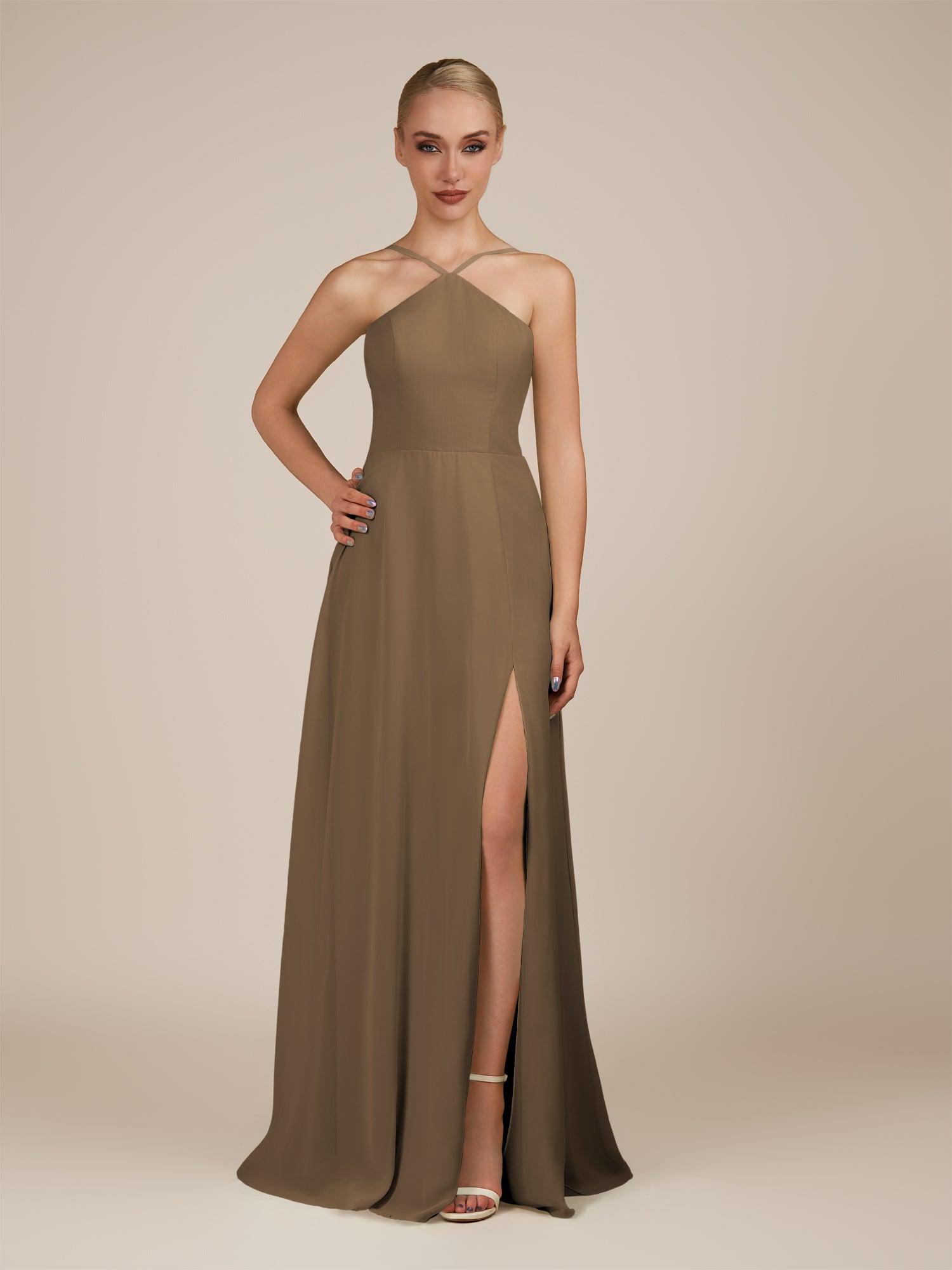 KissDress-Ione Willow Green A Line Chiffon Halter Neck Long Bridesmaid Dress with Slit