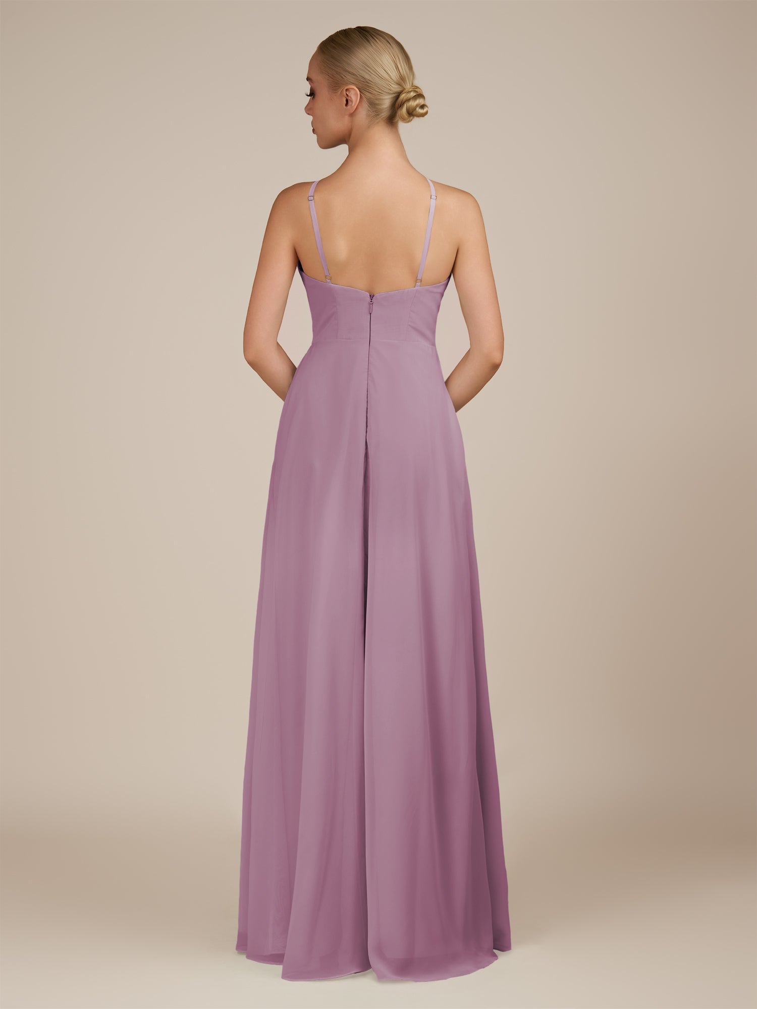 KissDress-Ione Wisteria A Line Chiffon Halter Neck Long Bridesmaid Dress with Slit