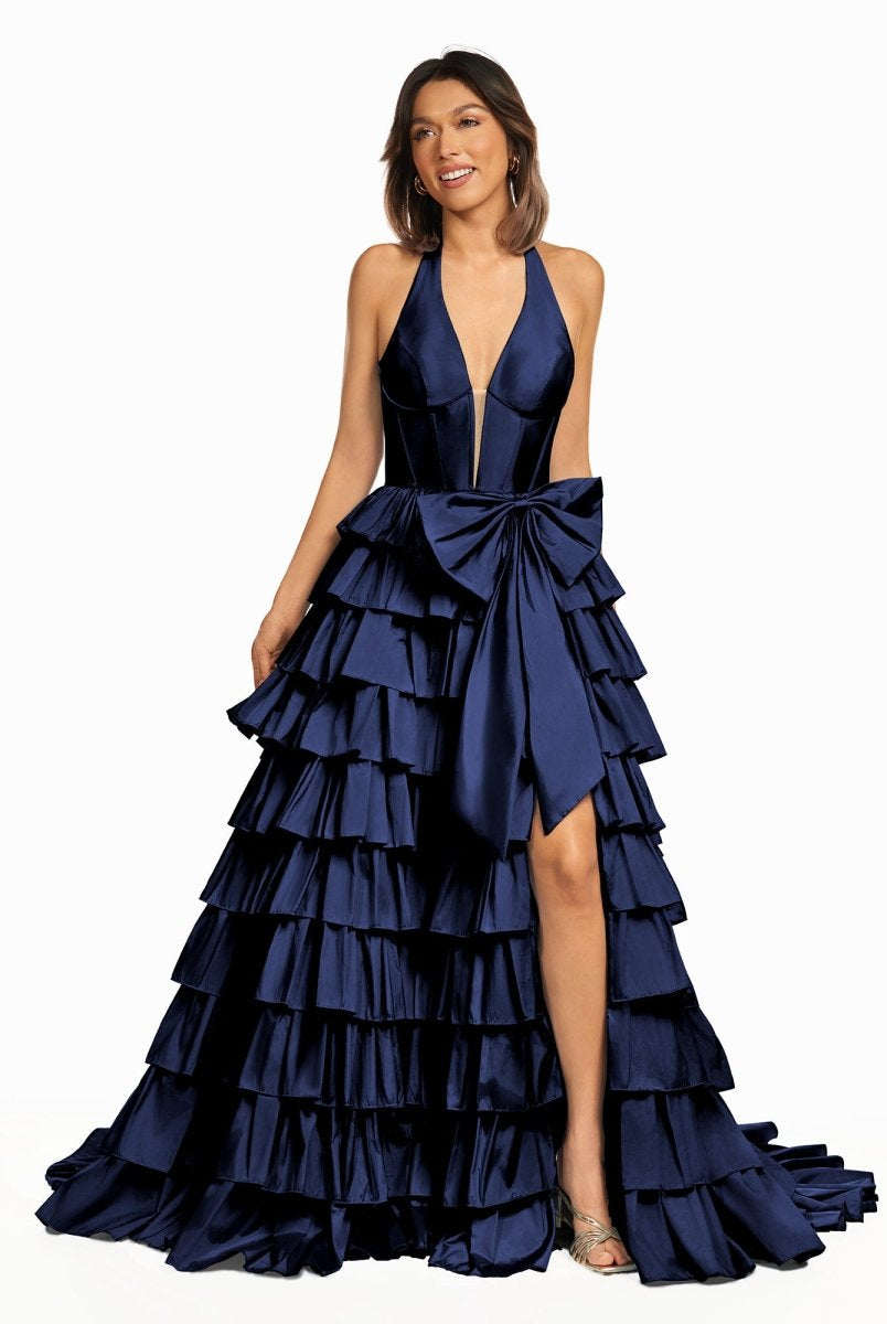 Iridium | Halter A - Line Blue Satin Long Ruffled Prom Dress With Slit - KissProm