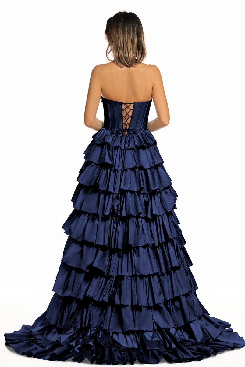 Iridium | Halter A - Line Blue Satin Long Ruffled Prom Dress With Slit - KissProm