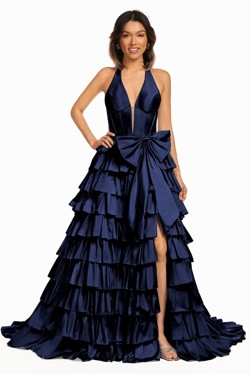 Iridium | Halter A - Line Blue Satin Long Ruffled Prom Dress With Slit - KissProm