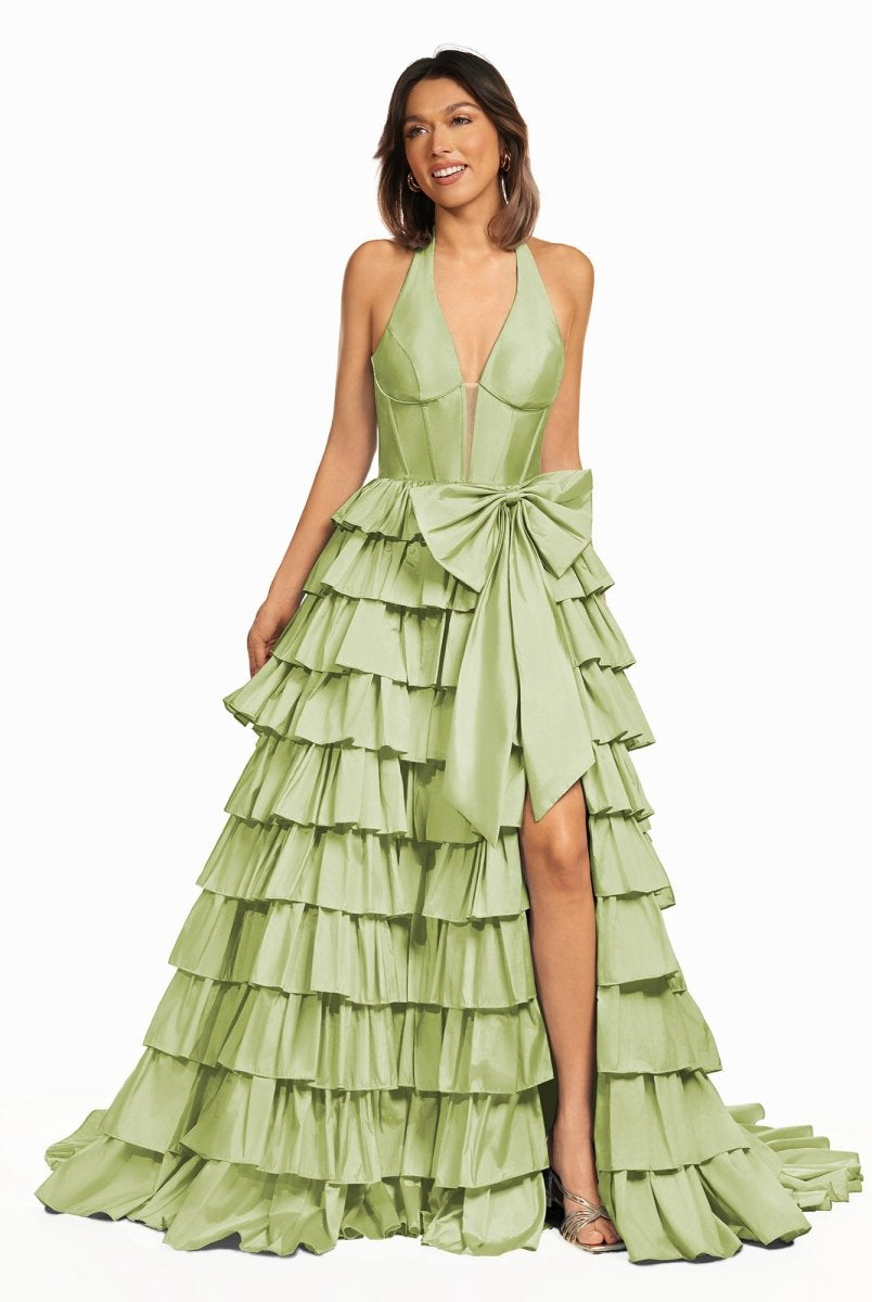 Iridium | Halter A - Line Blue Satin Long Ruffled Prom Dress With Slit - KissProm